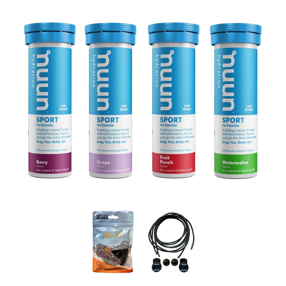 Nuun Sport Hydration Tablets - 4 Tubes of Electrolyte Tabs (40 Total Tablets) Bundled with A Pack of Elastic No-tie Reflective Shoe Laces (Berry, Grape, Fruit Punch, Watermelon)