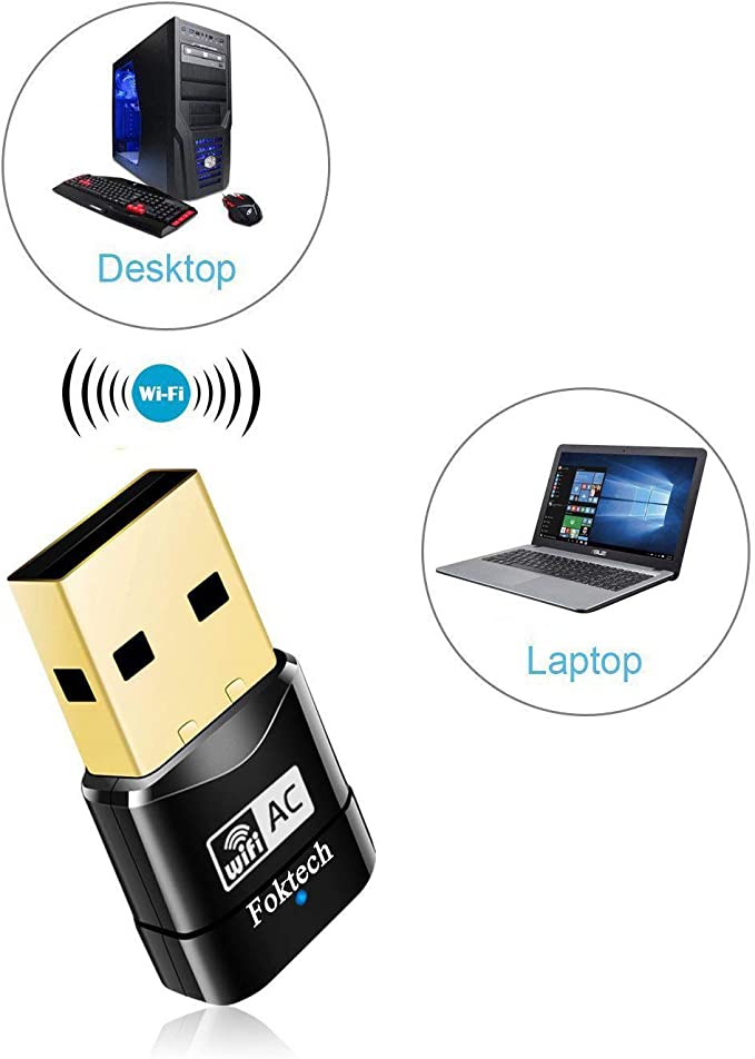 Foktech Wifi Dongle, AC600 802.11ac Dual Band 5GHz Mini Wireless Network USB Wifi Adapter for PC Desktop Laptop, Support Windows 11/10/8/7/Vista/XP, Mac Os X 10.9-10.15