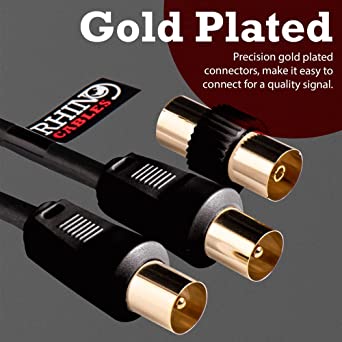 rhinocables Aerial Coaxial Cable with Gold-Plated Connectors, Male to Male RF Coax Lead with Female Adapter Coupler for Freeview, Freesat, Sky, Virgin, BT, You View, Satellite TV, Black (1.8m)