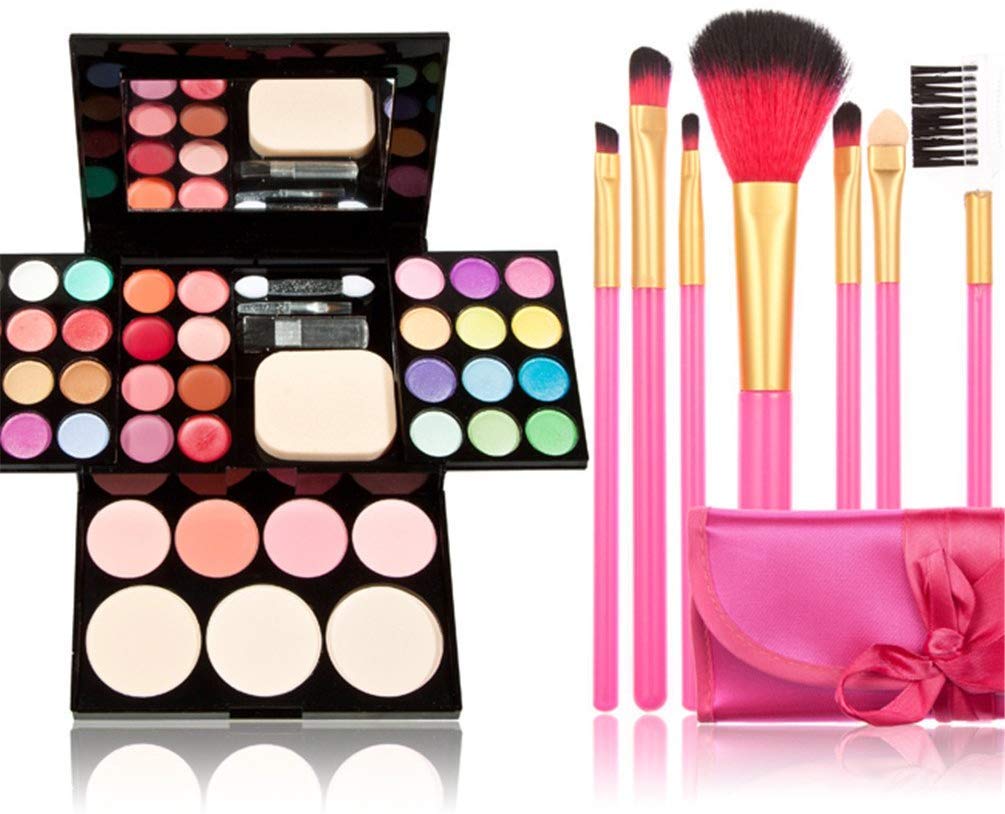 Makeup Brushes Cosmetic Palette Set TimeSong Professional Makeup Palette Kit （Include: Eyeshadow & Blusher & Face Powder & Lip Gloss) + Makeup Brushes Set (7pcs Pink Brushes)