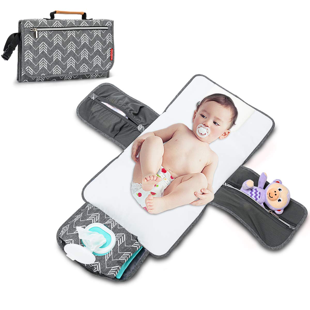 BABEYER Portable Nappy Changing Mat, Baby Travel Changing Mat with Storage Pockets for Toddlers Infants & Newborns, Grey