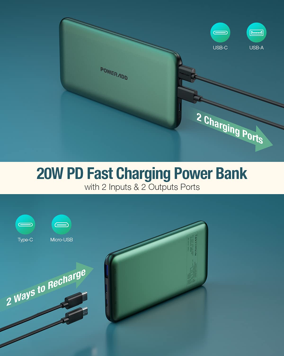 Power Bank 10000mAh Ultra Thin USB C PD20W QC3.0 Portable Charger Fast Charging with Dual Output Type-C High-Speed External Battery Pack for iPhone12, Huawei, Xiaomi, Pixel and more…