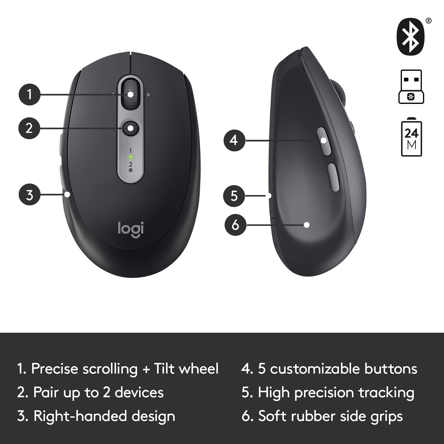 Logitech M590 Multi-Device Silent Wireless Mouse, Bluetooth, 2.4GHz USB Unifying Receiver, 1000 DPI Optical Tracking, 2-Year Battery, 5 Customisable Buttons, Compatible with PC, Mac, Laptop - Black