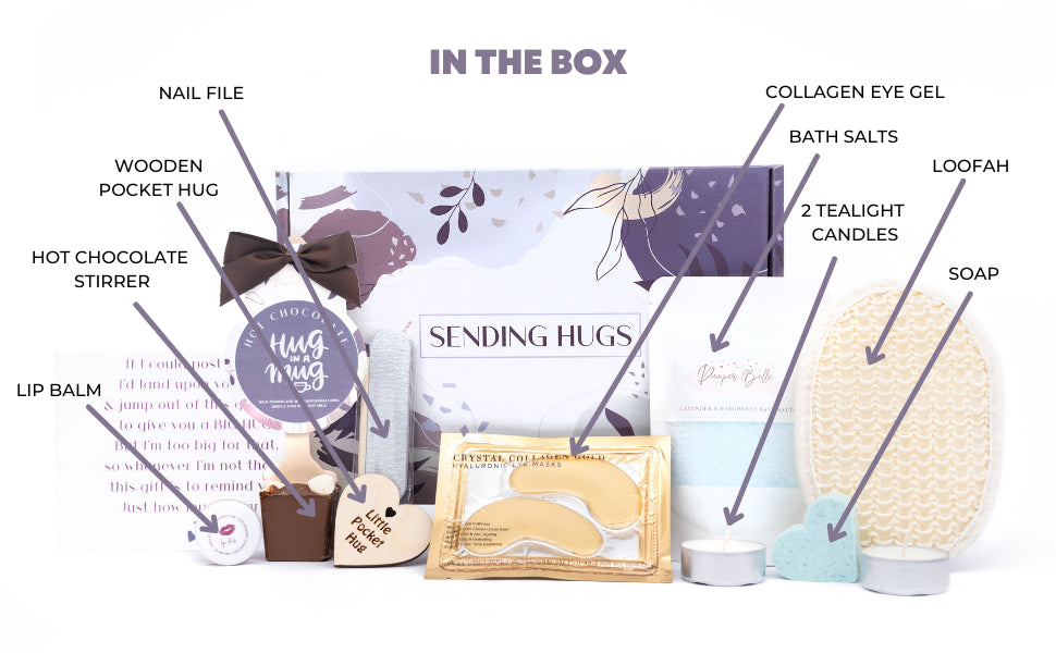 Hug in a box Care Package Pamper Gift Set for women with Pocket Hug token & Bath set for a Relaxation Spa day at home. Great thinking of you gift idea