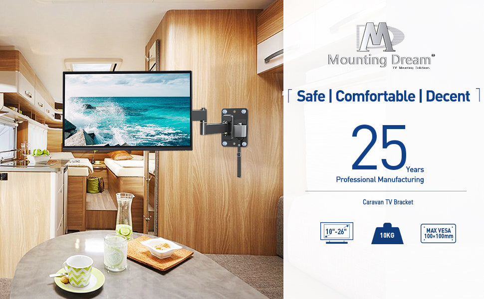 Mounting Dream Monitor / TV Wall Bracket Lockable for Camping, for Most 10-26 inch TVs with VESA 50x50, 75x75, 100x100 mm up to 10 kg, Caravan / Motorhome / RV TV Bracket MD2209-03