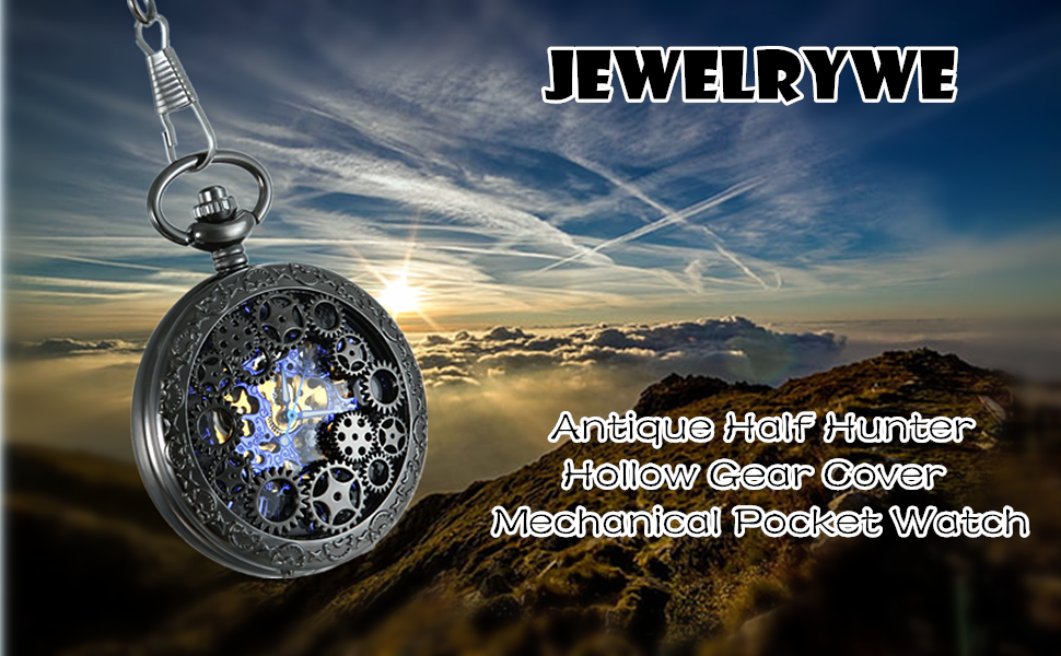 JewelryWe Classic Antique Half Hunter Metal Hollow Skeleton Hand Wind Mechanical Pocket Watch with Chain