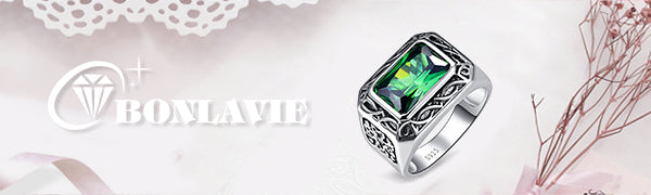 Bonlavie Men's 6.85ct 8 * 12mm Emerald Cut Green Emerald 925 Sterling Silver Ring