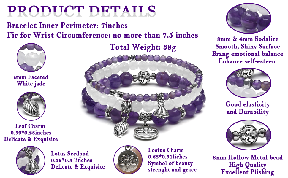 JSDDE Natural Crystals Bracelet Set Reiki Healing Crystal Gemstone Beads Stretch Bracelets with Lotus Leaf Charm for Women Christmas Gift