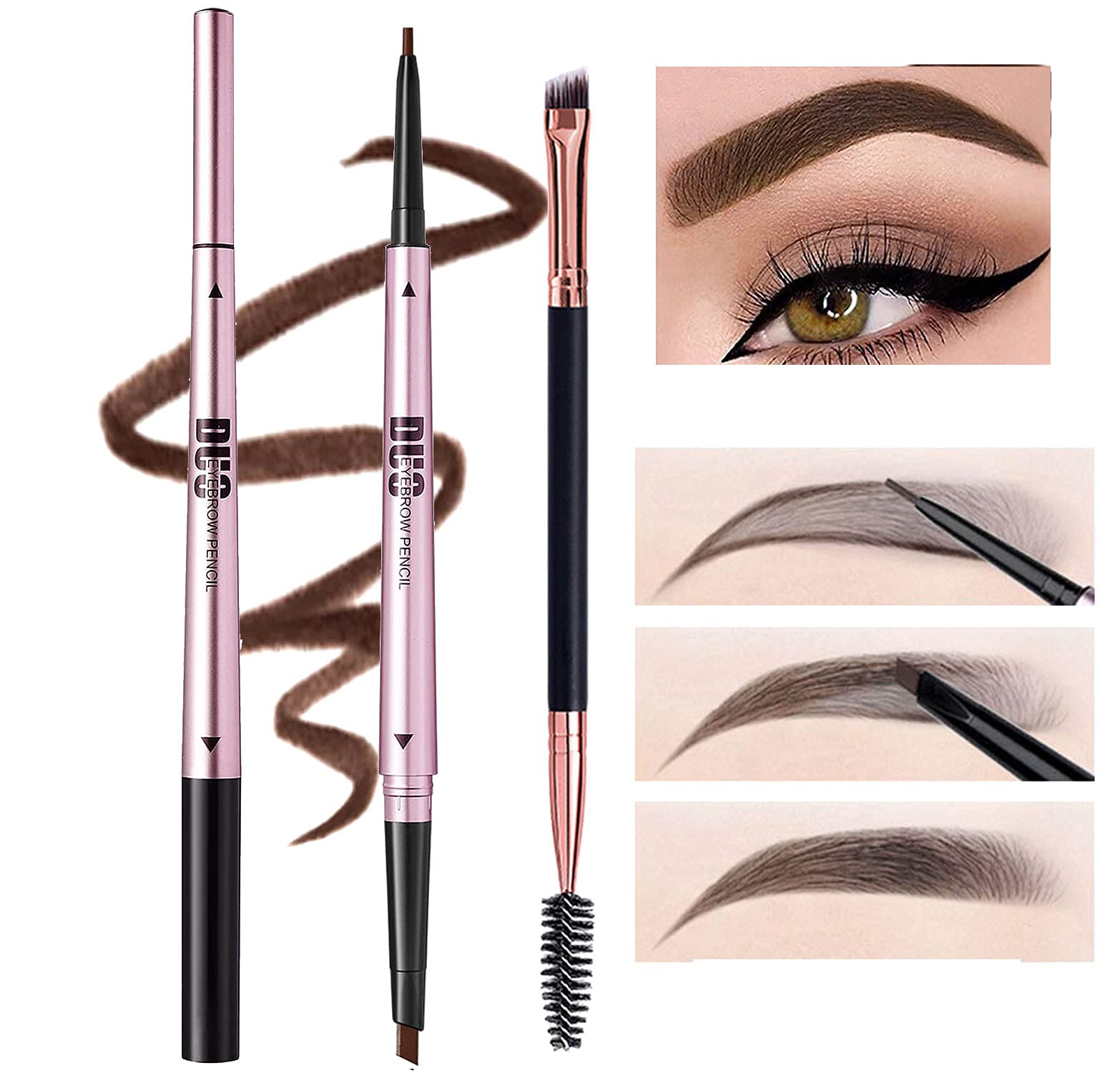 Mihqy 2 PCS Eyebrow Pencil Waterproof with Brow Brush, Dual Ended Eyebrow Pen, Automatic Makeup Cosmetic Tool(Dark Brown)