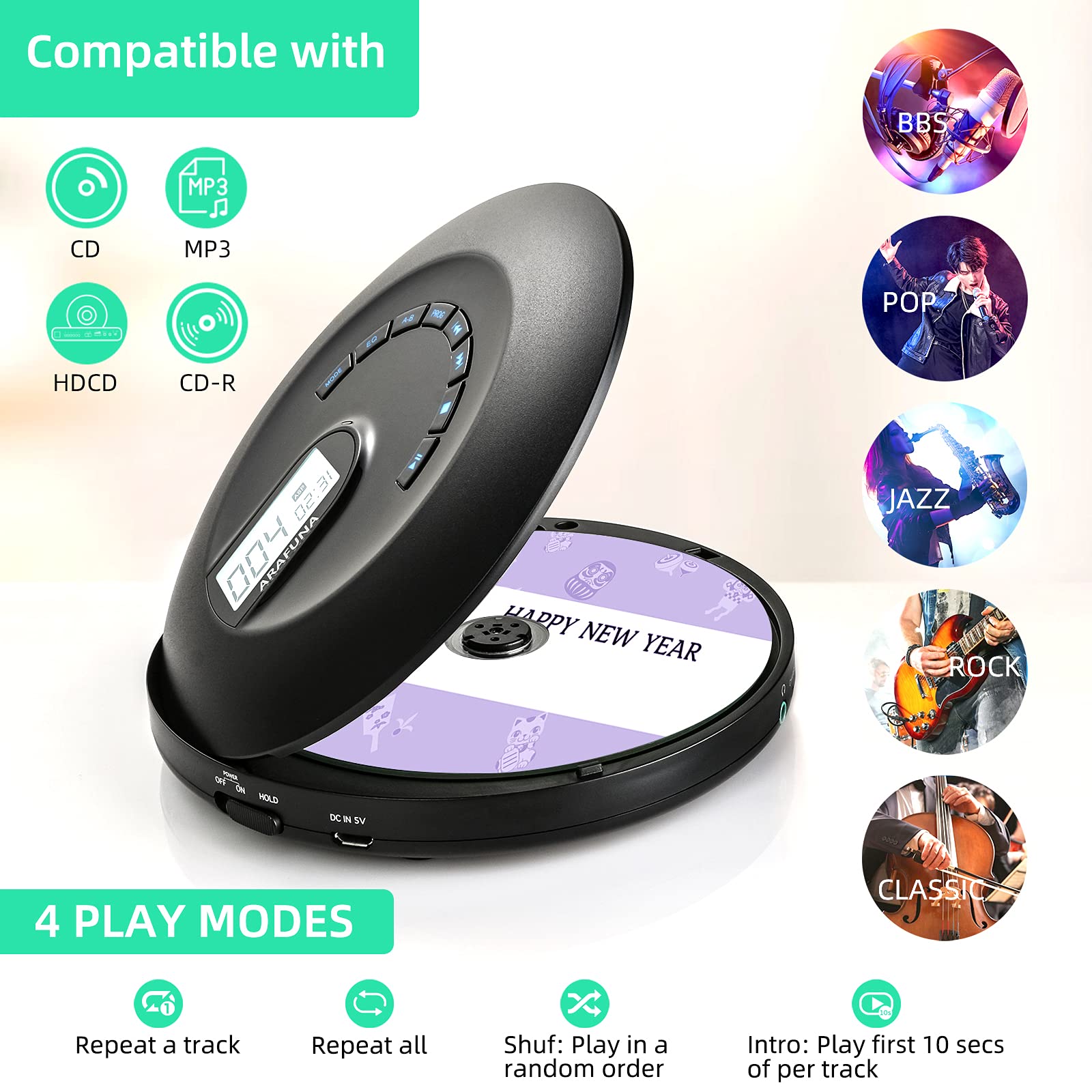 CD Player Portable, Rechargeable Portable CD Player for Car and Travel, Walkman CD Player with Headphone and Anti-Skip/Shockproof, Personal CD Player with LCD Display, AUX Cable, Backlight (Black)