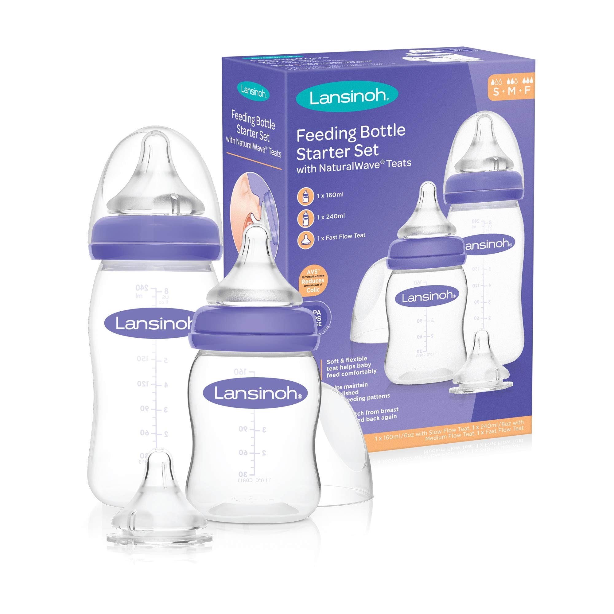 Lansinoh, Momma Small Large Breast Feeding Bottle Starter Set with Slow Medium Fast Flow NaturalWave Teat, 160ml & 240ml, 3 Count (Pack of 1)