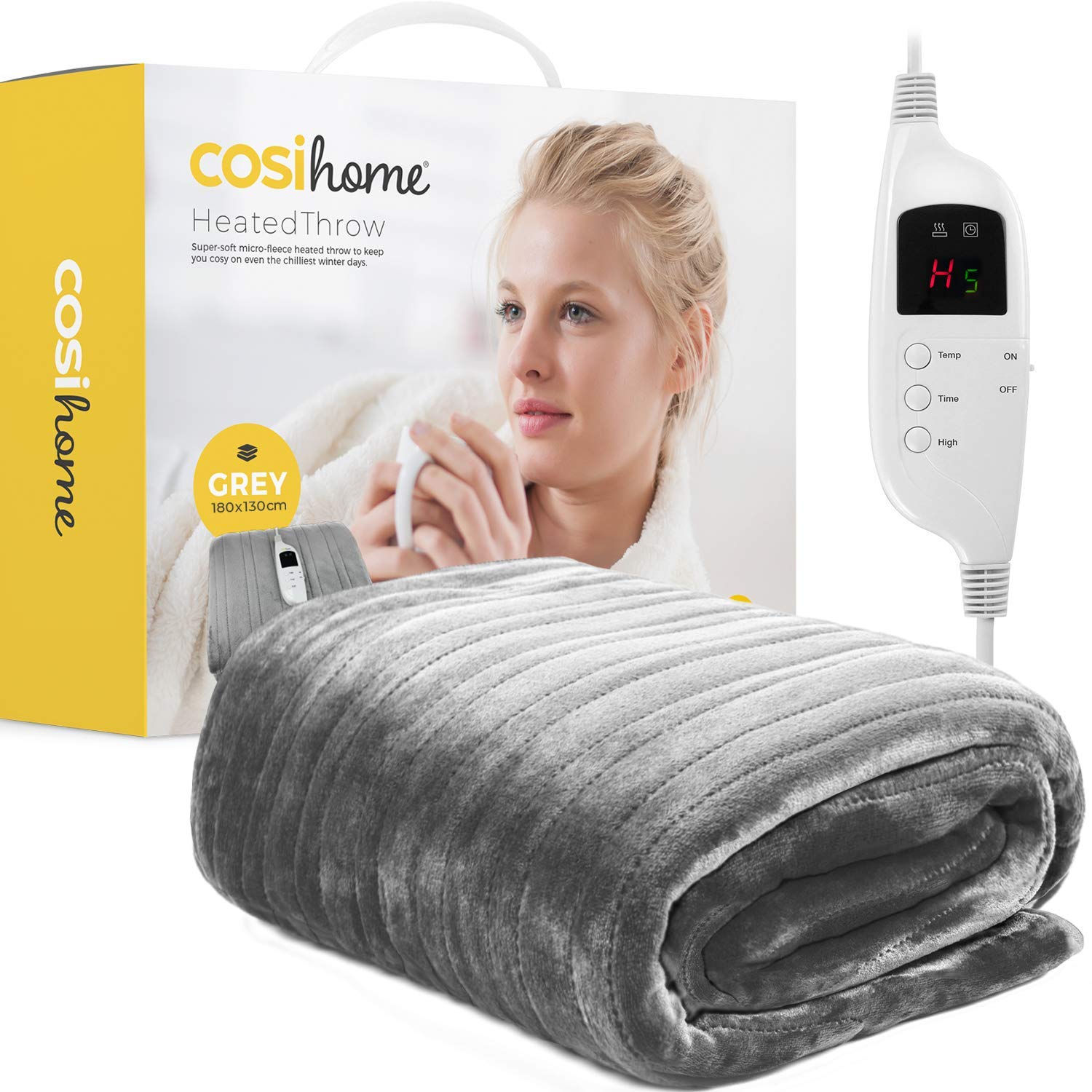 Cosi Home® Heated Throw - Electric Blanket - Extra Large Heated Blanket, Machine Washable Fleece with Digital Remote, Timer and 9 Heat Settings (Grey)