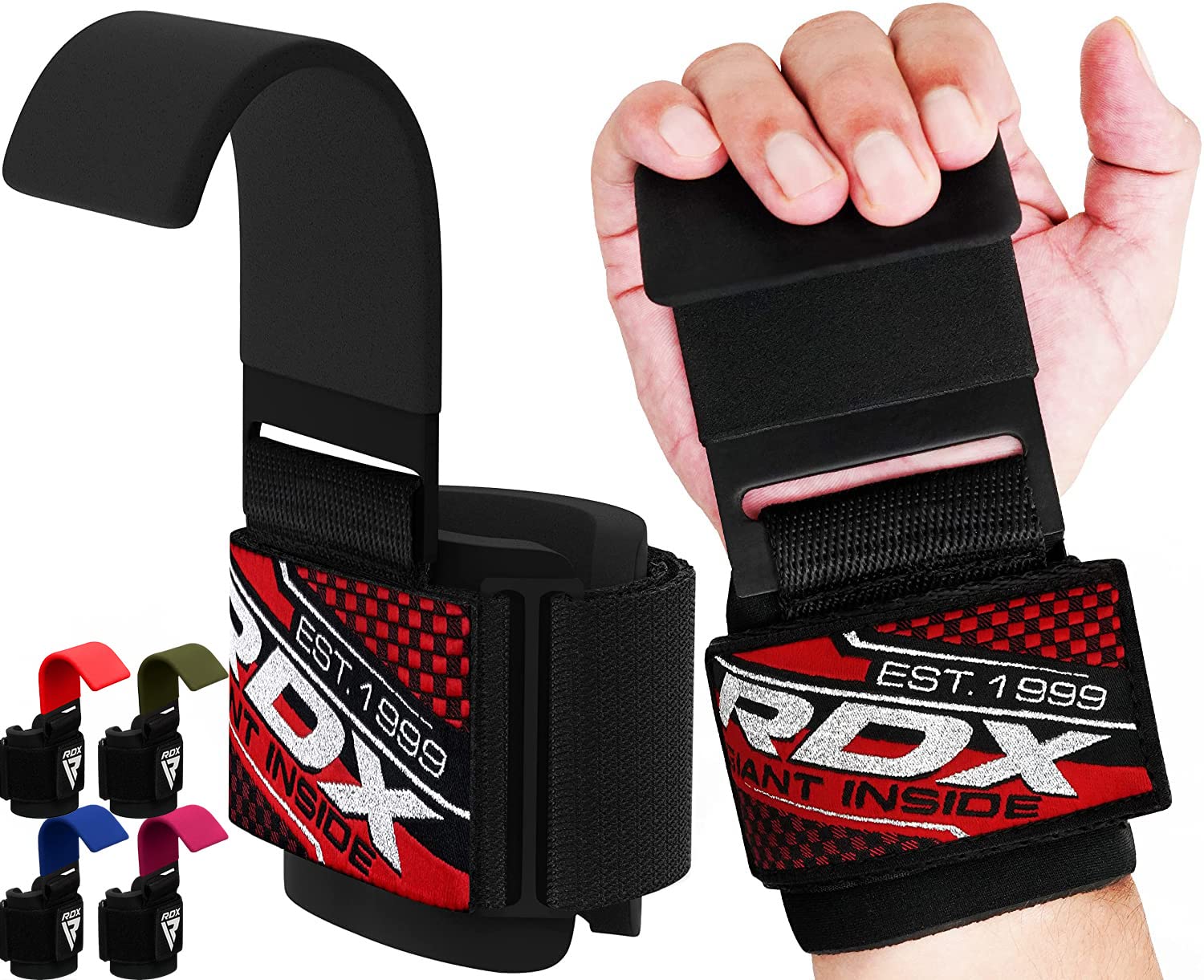 RDX Weight Lifting Hooks, Non-Slip Rubber Coated Grips, 8mm Neoprene Wrist Support Padding, Powerlifting Barbell Rows Deadlifts Chin Pull Up Fitness Strength Training Straps, Gym Bodybuilding Workout