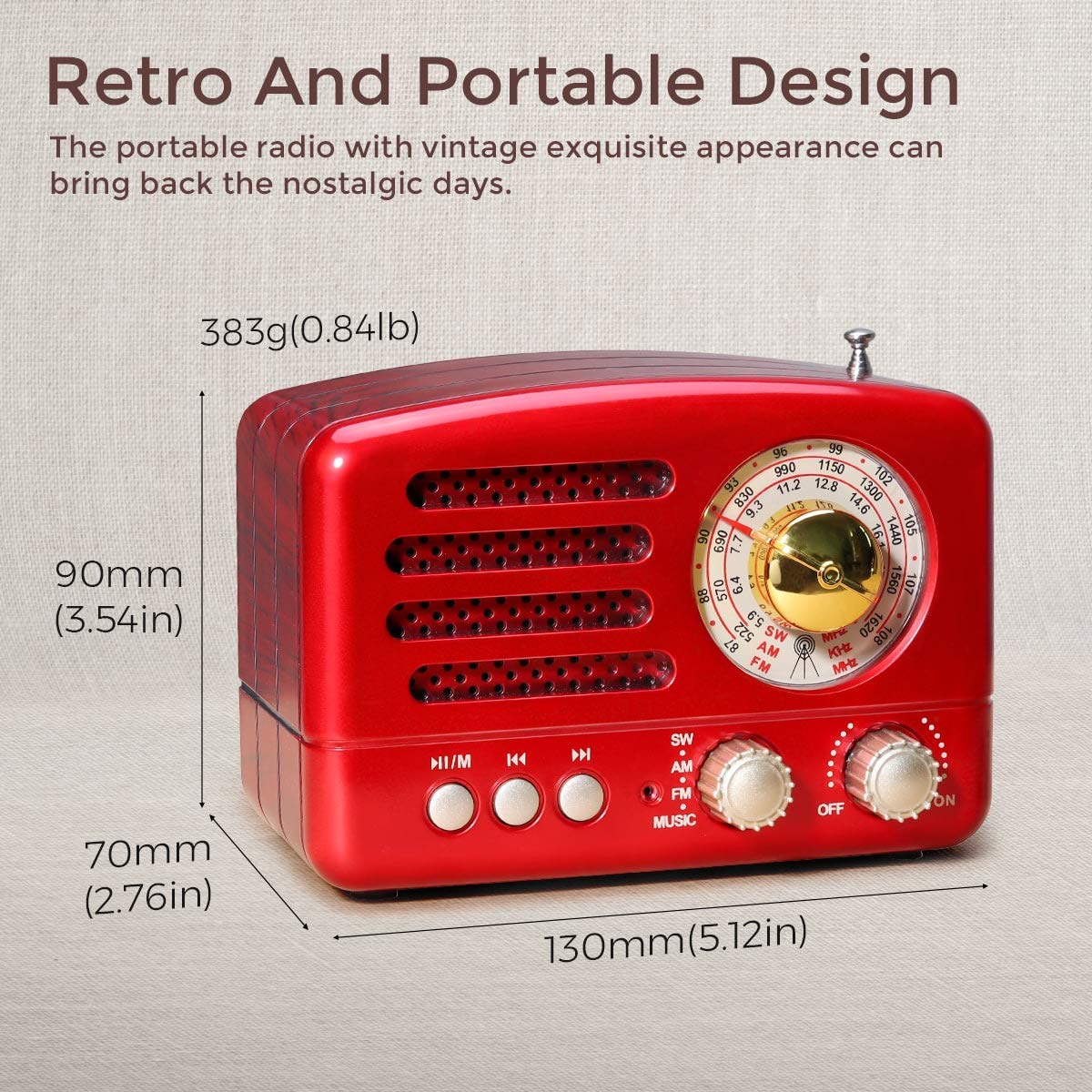 PRUNUS J-160 Portable Radio Retro, SW AM FM Radio Small with Bluetooth Speaker, Transistor radio Battery Operated,upgrade 1800mAh Rechargeable Battery,Supports TF Card/AUX/USB MP3 Player (Red)
