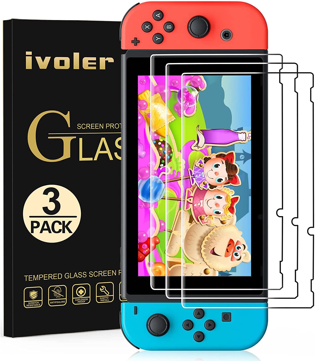 ivoler [3 Pack] Compatible with Nintendo Switch Screen Protector, [Tempered Glass] Film for Nintendo Switch - [9H Hardness] [Anti-Scratch] [Crystal Clear]