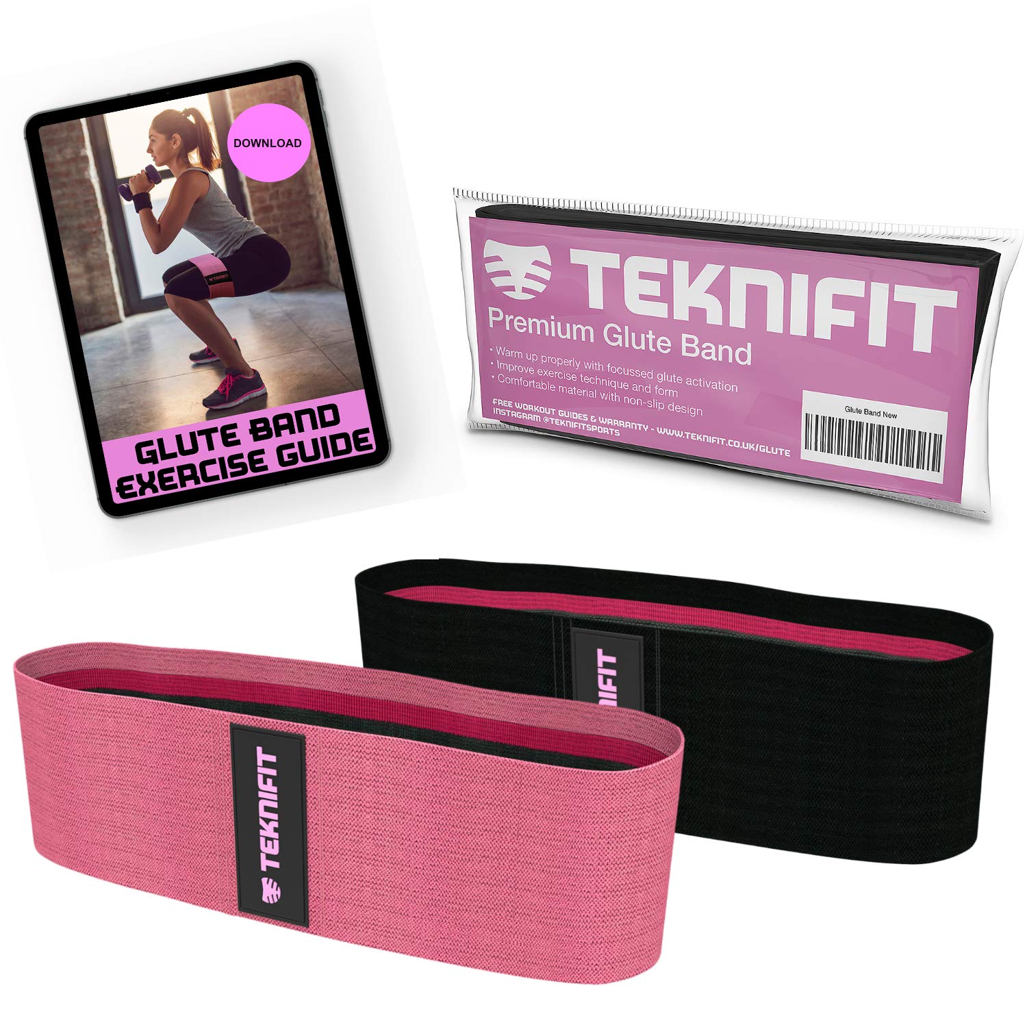 Teknifit Glute Band - Premium Fabric Resistance Band - Non Slip Design for Women - Pink OR Black Booty Band - Inc. Free Workout E-Book (DOWNLOAD) with Butt and Leg Toning Exercise Guide