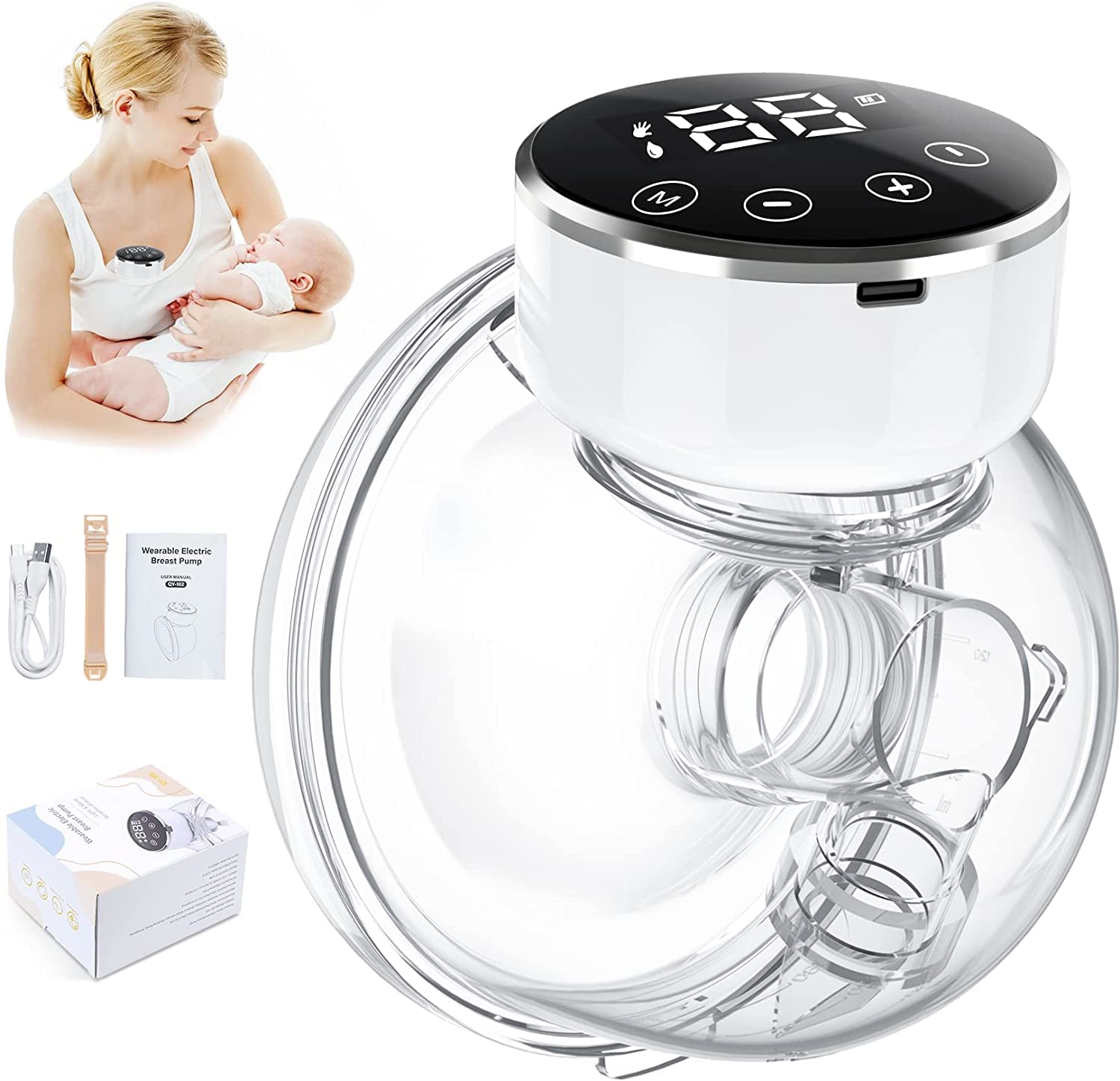 URMYWO Wearable Breast Pump, Hands Free Breast Pump, Electric Breast Pump, Portable Breast Pump with 3 Modes & 9 Levels, LCD Display, Wireless Breast Pump with Massage Mode, 17/ 19/ 21/ 24mm Flanges