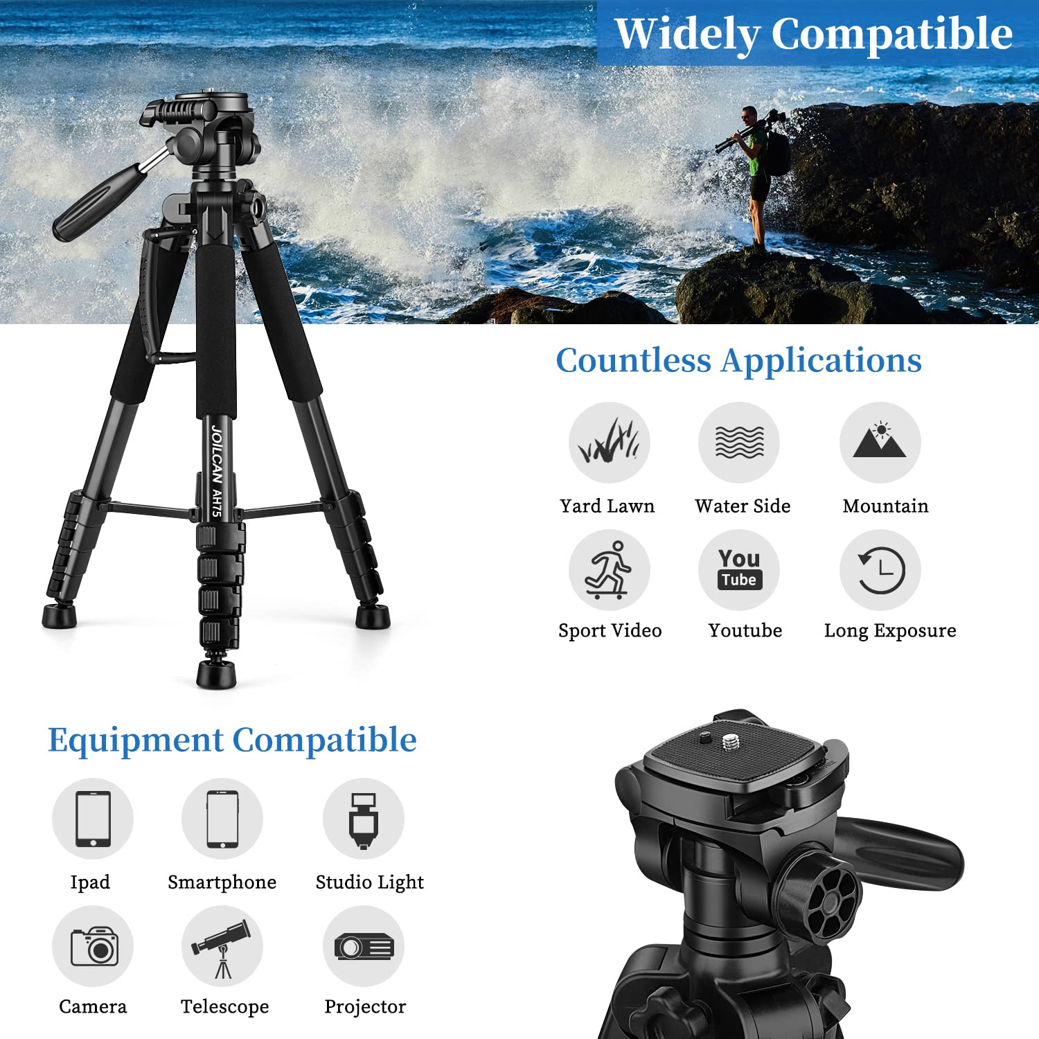 JOILCAN Camera Tripod for Canon Nikon, 74" Lightweight DSLR Tripod Camera Stand with Detachable Head and Universal Phone Mount, Reinforced Aluminum Tall Tripod for Vlog Live Streaming Max Load 14LB