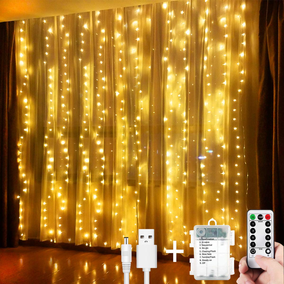 Christmas Lights Led Curtain Fairy Lights 300 LEDs 3M*3M String Lights USB Operated Or Battery Powered 8 Modes with Remote &Timer, Waterfall Indoor Outdoor String Lights (Warm White)