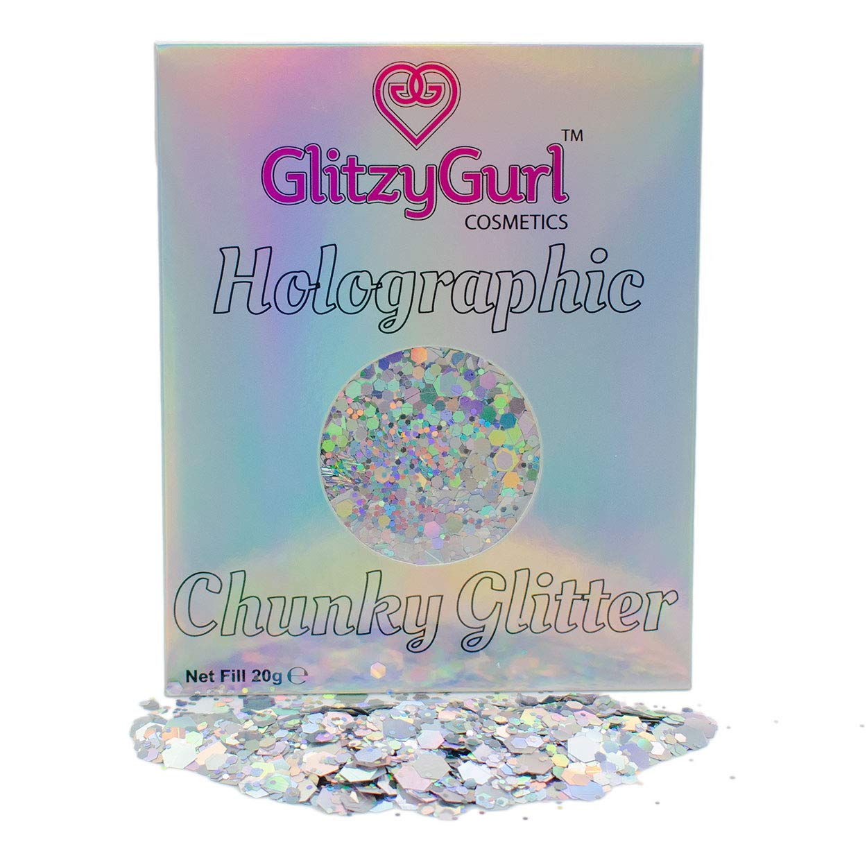 20g Holographic Chunky Glitter GlitzyGurl Silver Storm Festival Glitter Cosmetic Face Body Hair Nails