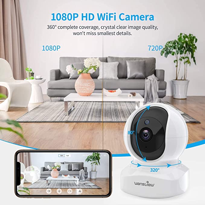 wansview WiFi IP Camera, 1080P Wireless Home Security Camera Q5 for Baby, Elder, Pet Camera Monitor with Motion Detection 2-Way Audio Night Vision Pan Tilt Zoom, Works with Alexa (White)