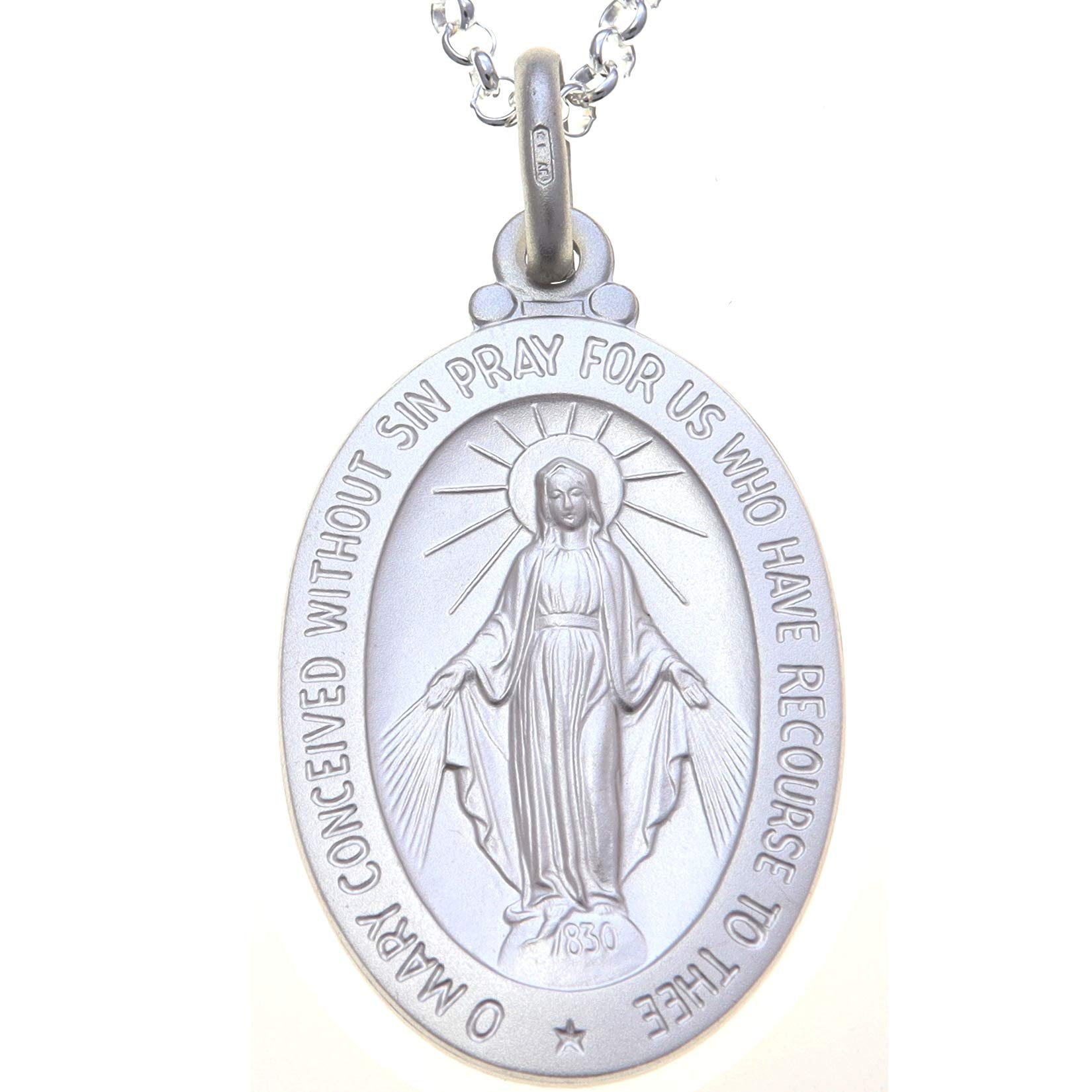 Large Sterling Silver Miraculous Medal (30mm) Necklace with 20