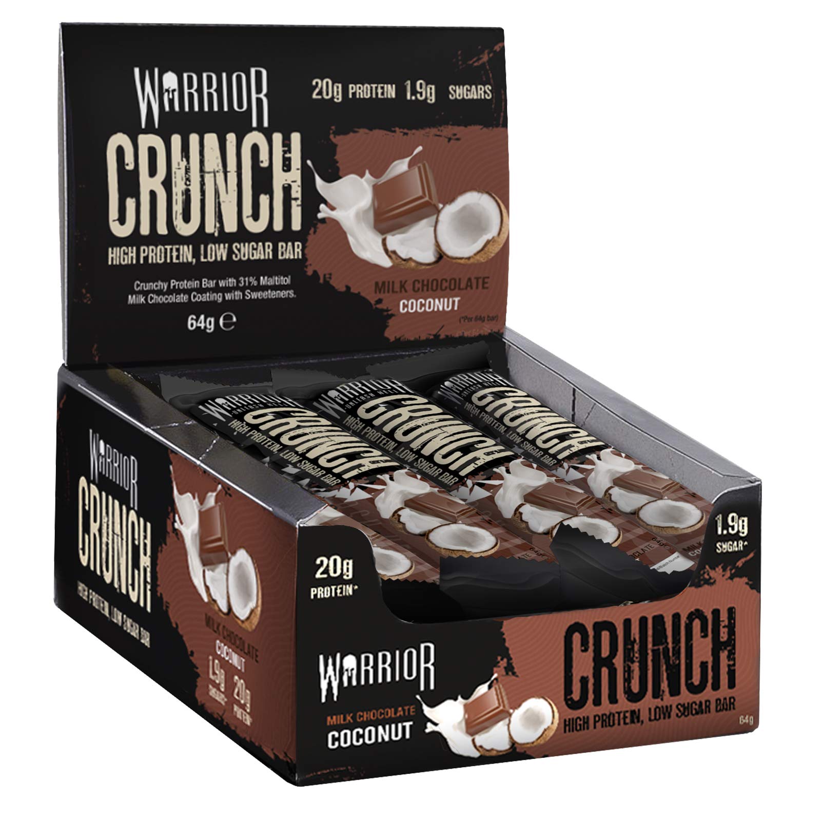Warrior, CRUNCH - High Protein Bars - 20g Protein Each Bar - 12 Pack x 64g (Milk Chocolate Coconut)