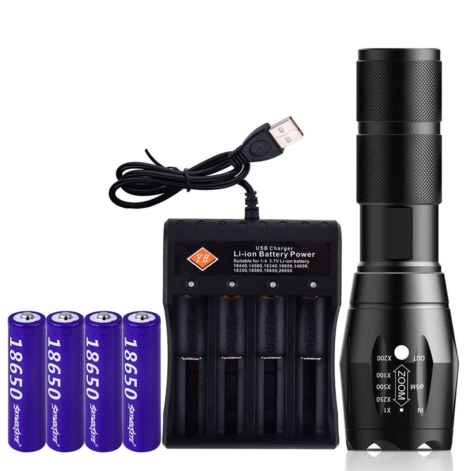 Bright Flashlight, 4 Slot Universal Battery Charger, with 4 Rechargeable 18650 Top Button 3.7v Lithium Batteries, Smart Charger 18650, 26650, 18500, 16650 Rechargeable Batteries