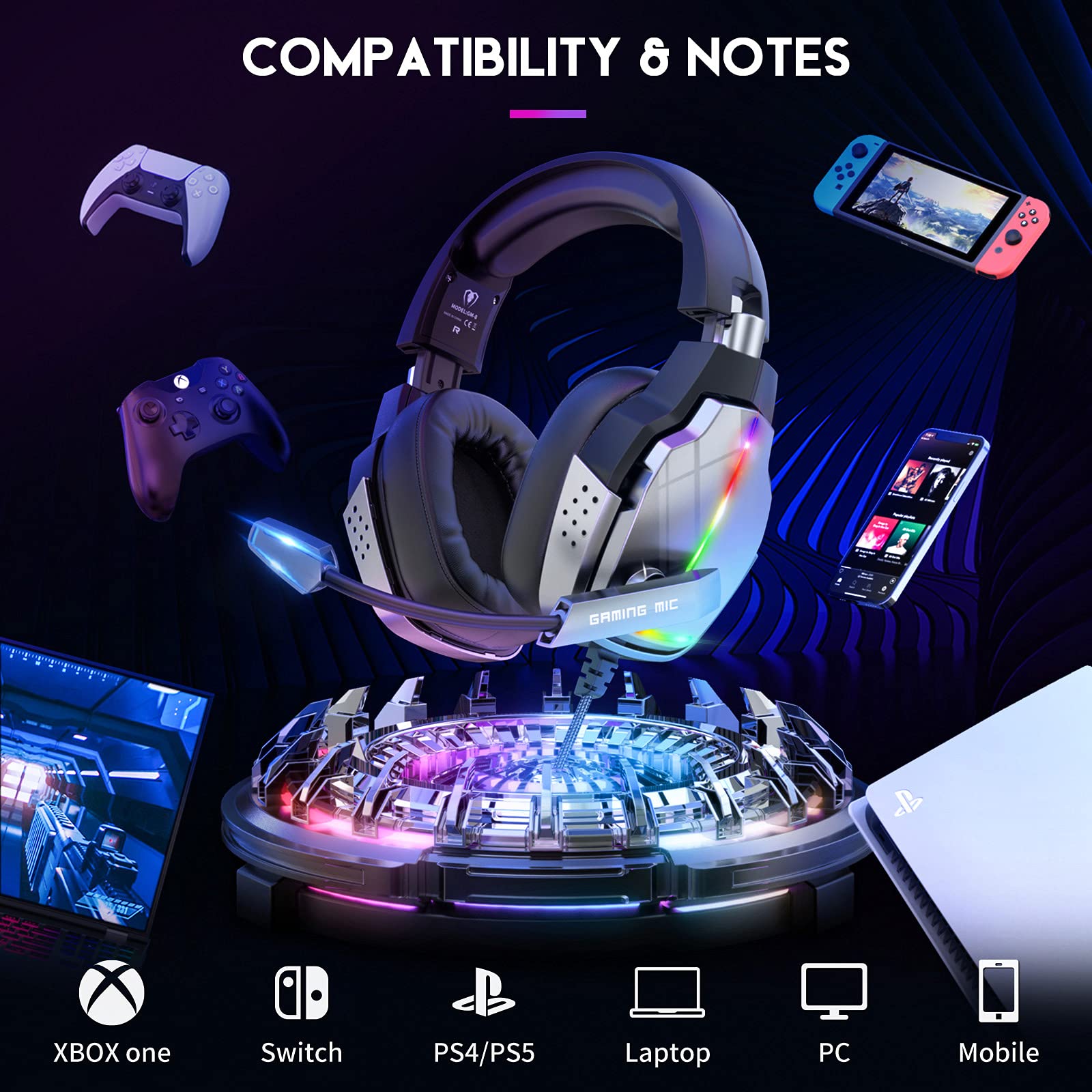 Gaming Headset for PS4 Xbox One Gaming Headphones with Mic Surround Sound 4 RGB LED Light Modes 90 Degrees Rotating Soft Earmuffs for PC PS5 Mac Laptop Mobile Switch