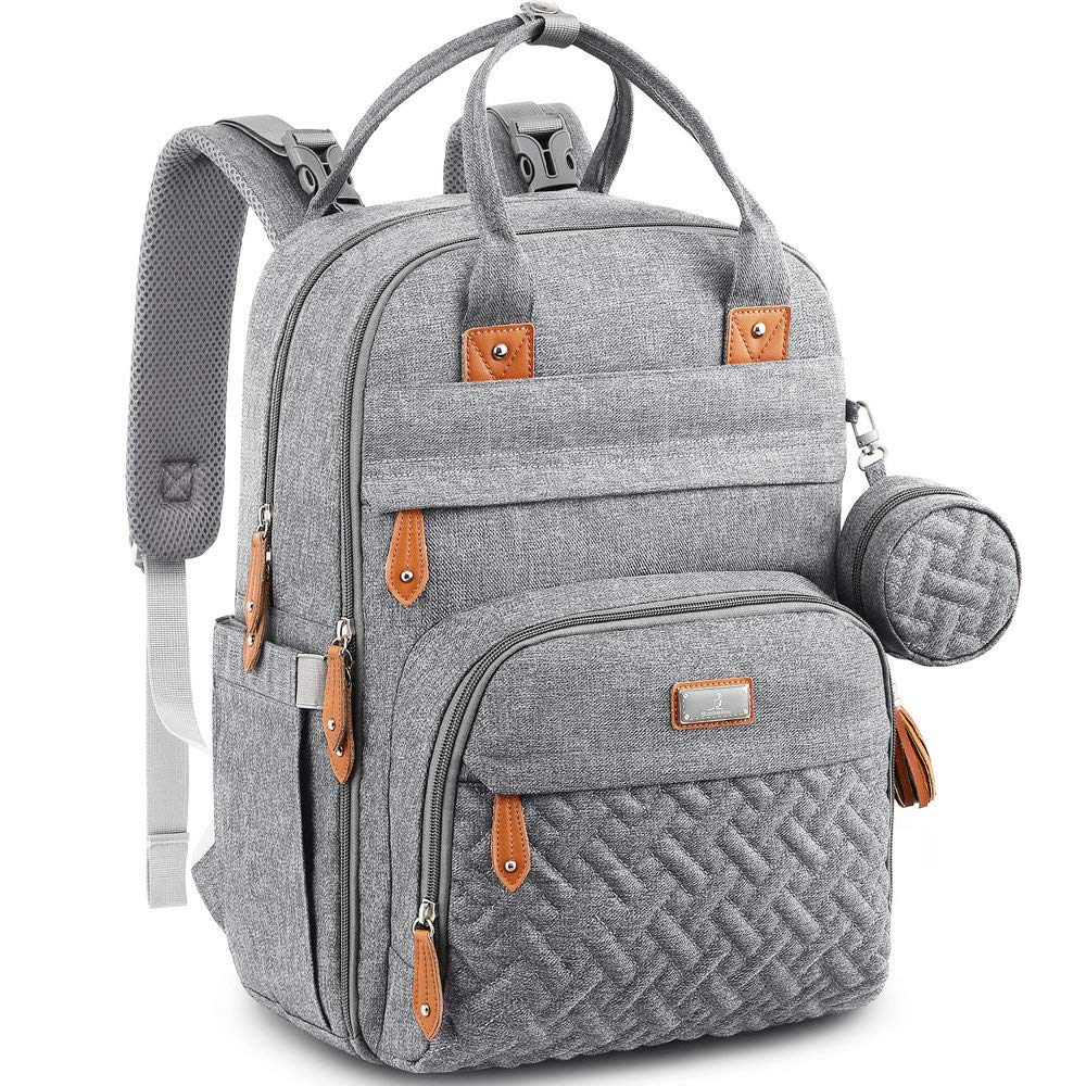 Baby Changing Bag Backpack, BabbleRoo Nappy Changing Back Pack Diaper Bags with Changing Mat & Pacifier Holder for Mom & Dad (Light Grey)