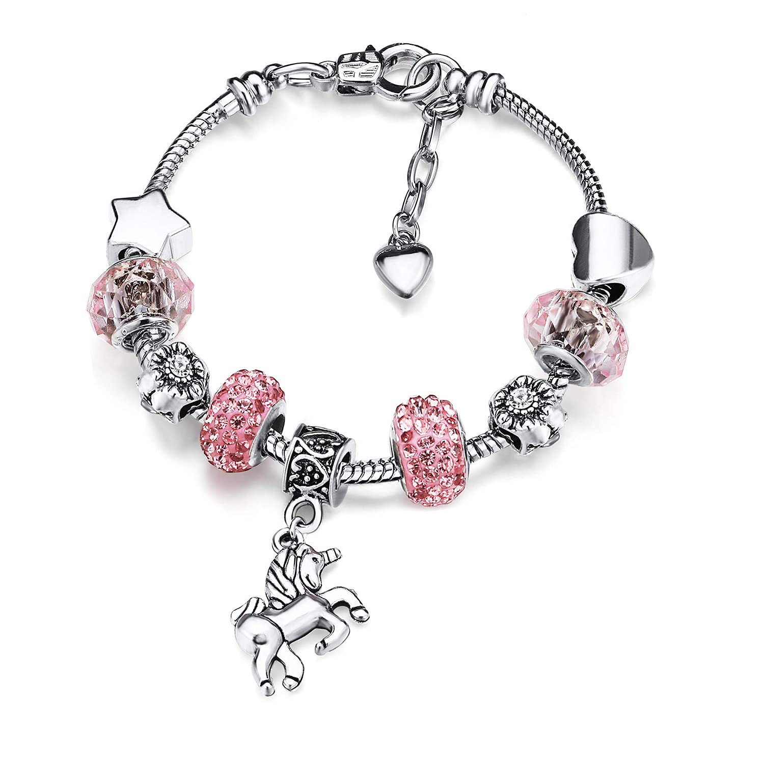 Lahviuu Unicorn Bracelet for Girls, Unicorn Sparkly Rhinestone Crystal Charm Bracelets Horse Jewellery Birthday Gifts for Kids Personalised Shiny Bangle Jewelry Gift for 3~14 Year Old Girl, Pink 14cm
