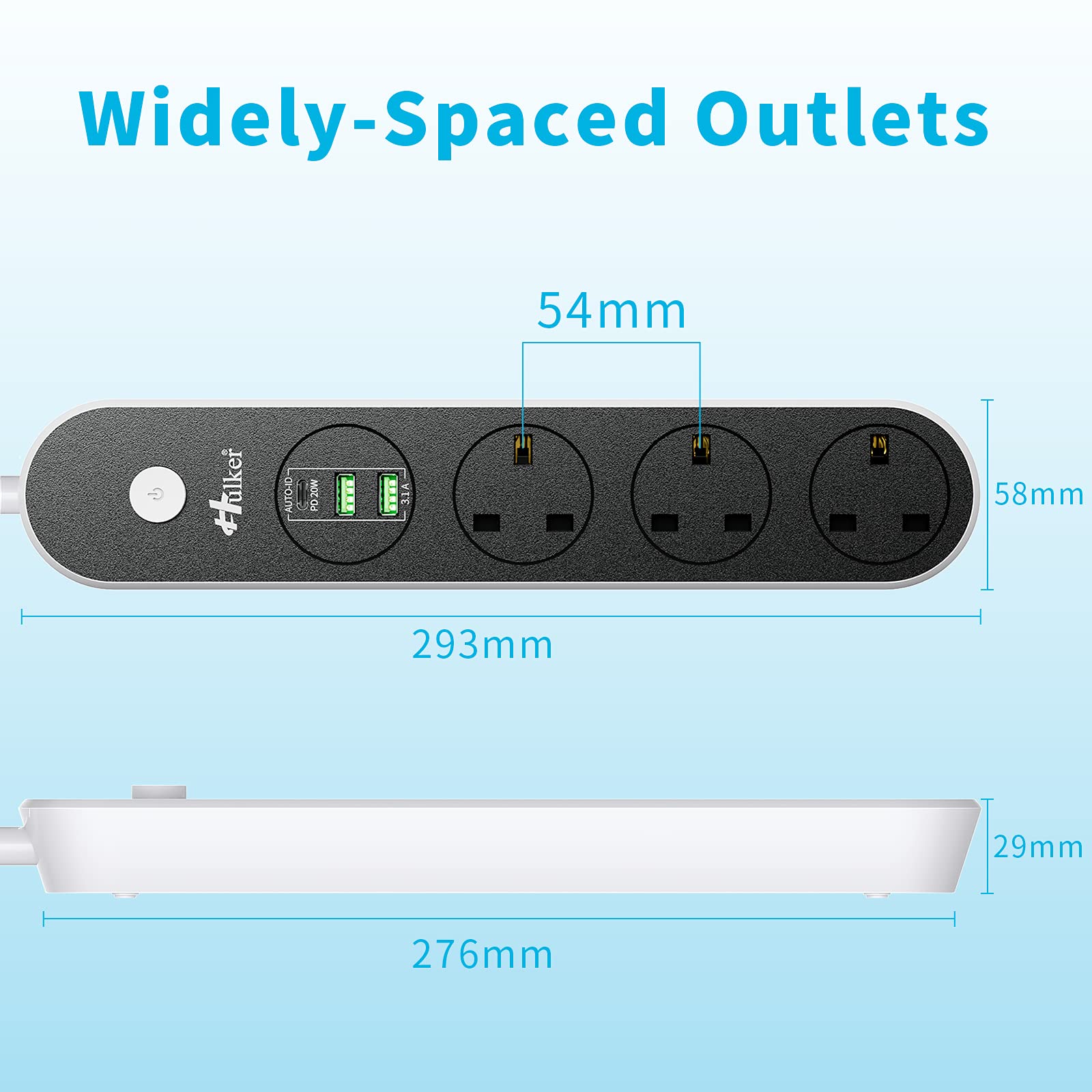 Extension Lead With USB C Port PD 20W, 3 Way Outlets (3250W 13A) Power Strip with 1 PD 20W TYPE C and 2 USB Ports, Safety Door Multi Plug Extension Socket with 1.6M Bold Extension cord for Home Office