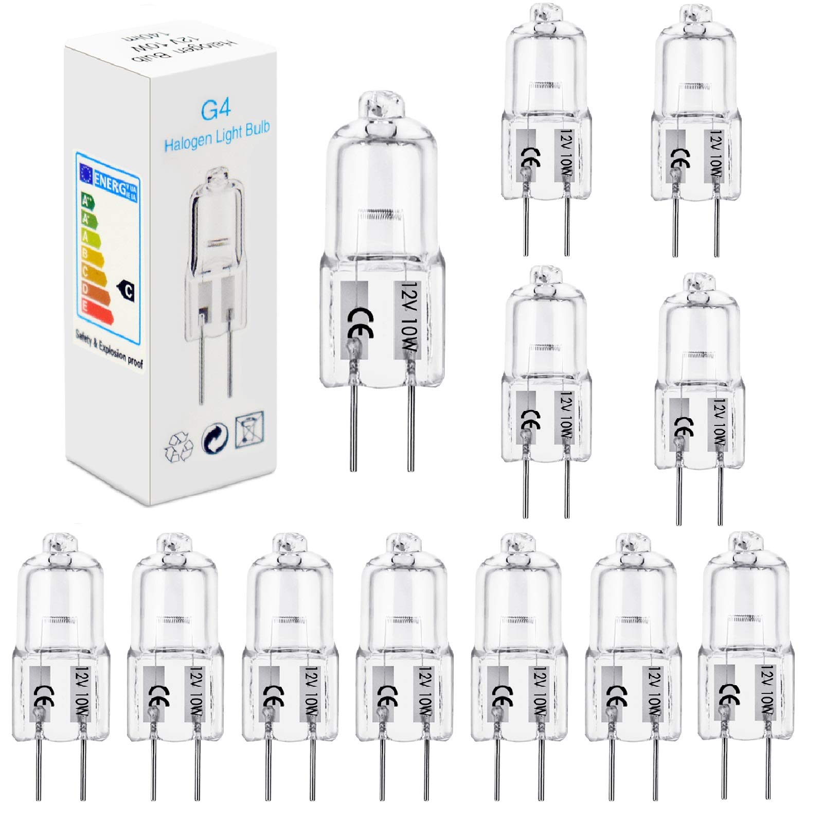 BROTOU G4 Halogen Bulbs, 10W 12V 2800K Warm White 2 Pin Clear Capsule Lamp Bulbs, Dimmable,12 Pack