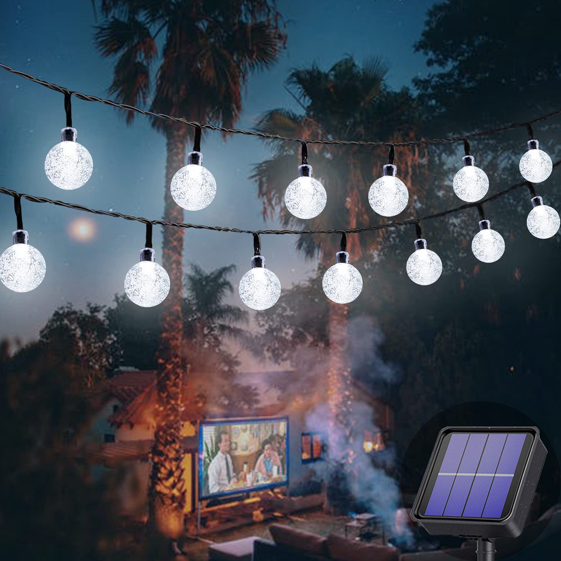 Augone Solar Garden Lights Waterproof, 50LED 7M/24Ft Solar String Lights Outdoor, 8 Modes Globe Fairy Lights for Indoor/Outdoor, Patio, Lawn, Yard, Wedding, Christmas Decorations (Cool White)