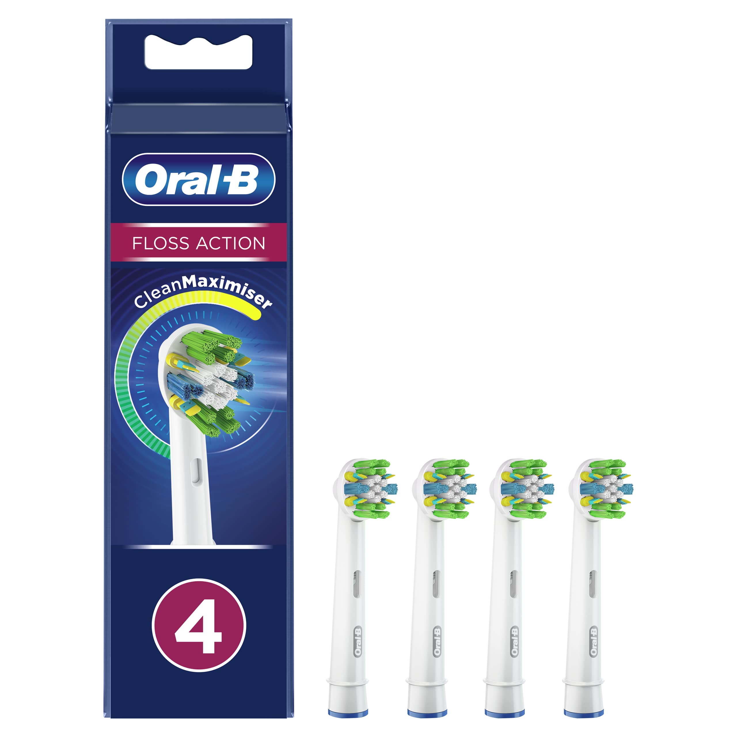 Oral-B Floss Action Electric Toothbrush Head with CleanMaximiser Technology, Angled Bristles for Deeper Plaque Removal, Pack of 4, White