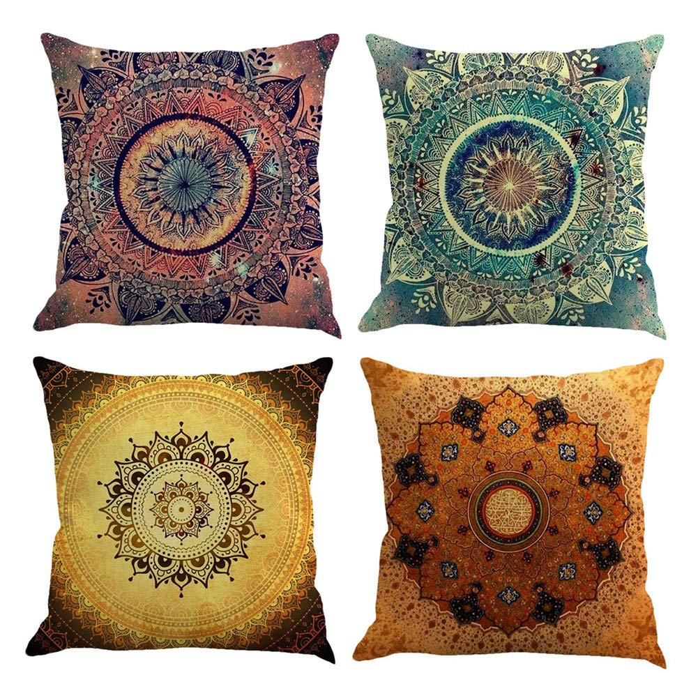 Freeas Set of 4 Mandala Throw Pillow Covers Bohemian Decorative Square 18 x 18 Inch 45 x 45 cm Boho Cushions for Home Decor Design Sofa Bedroom Car Floral Outdoor Cushions (B)
