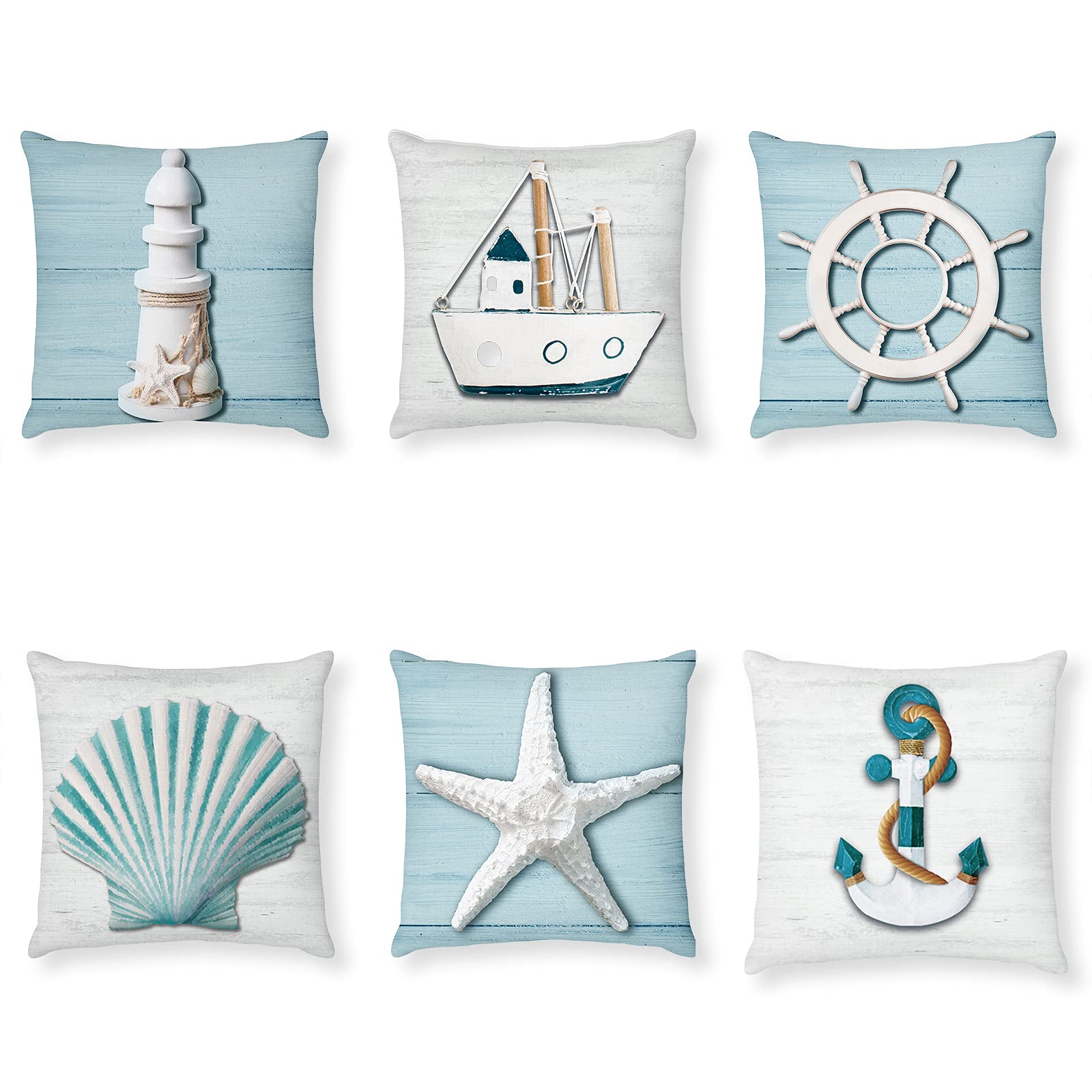 Set of 6 Pieces Sea Theme Throw Pillow Covers 18 x 18 Inch Ocean Theme Cushion Covers Decorative Pillowcases with Nautical Rudder Lighthouse Sailboat Sea Coastal Pillow Cases for Home Bed Decoration