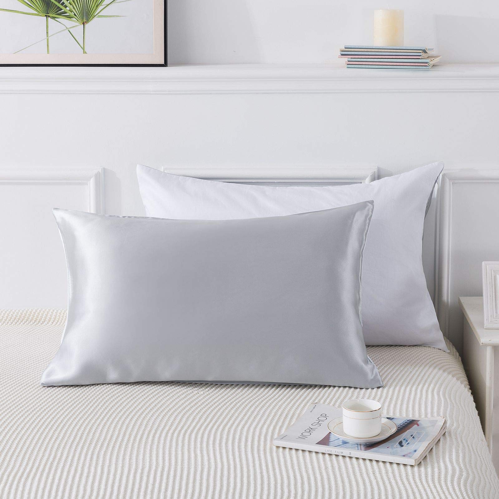 Ethlomoer 100% Mulberry Silk Pillowcase for Hair and Skin with Cotton Underside, Hypoallergenic 19 Momme for Curly Hair with Hidden Zipper, 1 pc, Light Grey 50 x 75 cm