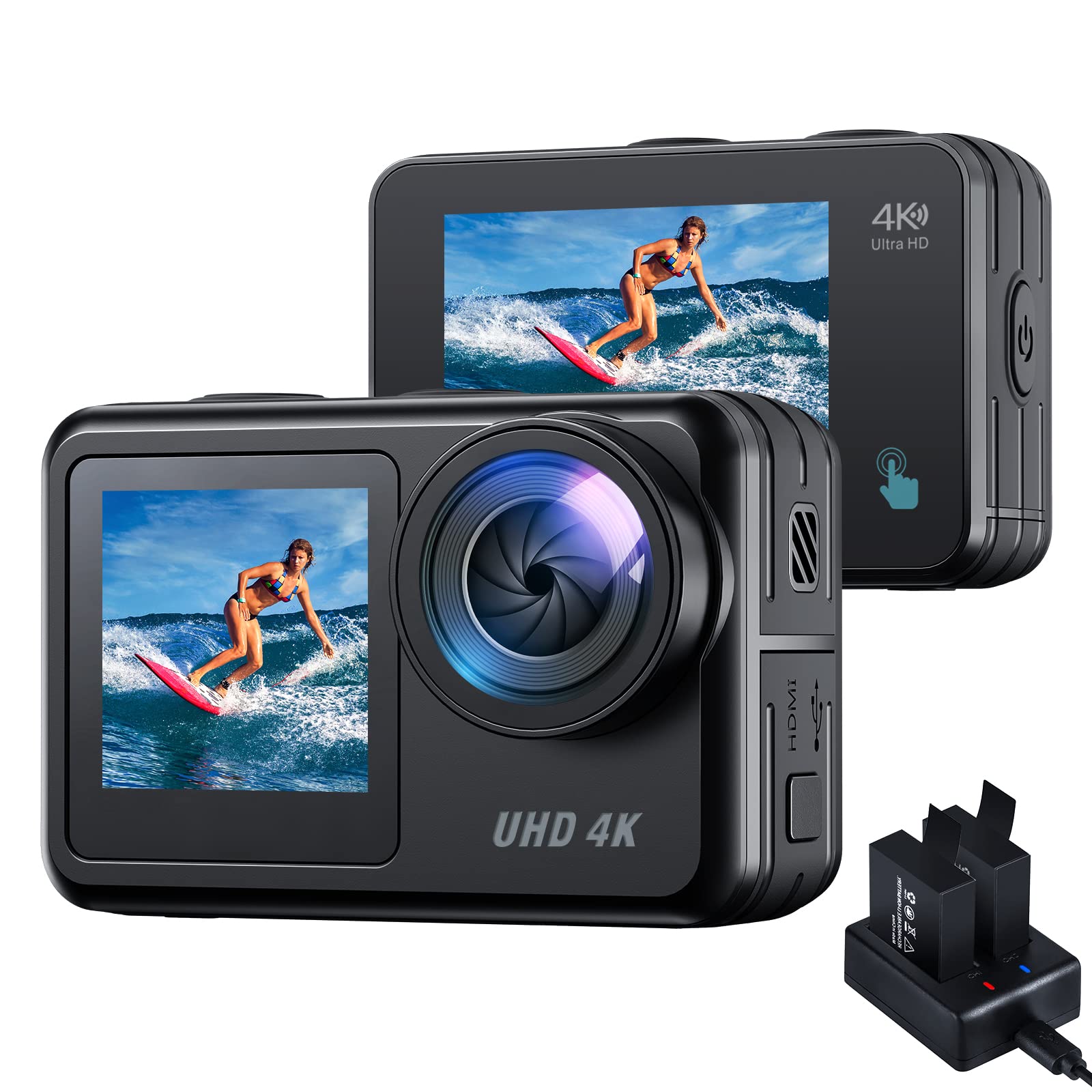 CAMWORLD 4K 20MP Action Camera Dual Screen 40M Waterproof Underwater Camera, WiFi Sports PC Webcam with EIS Remote Control, Charger and 2 Batteries