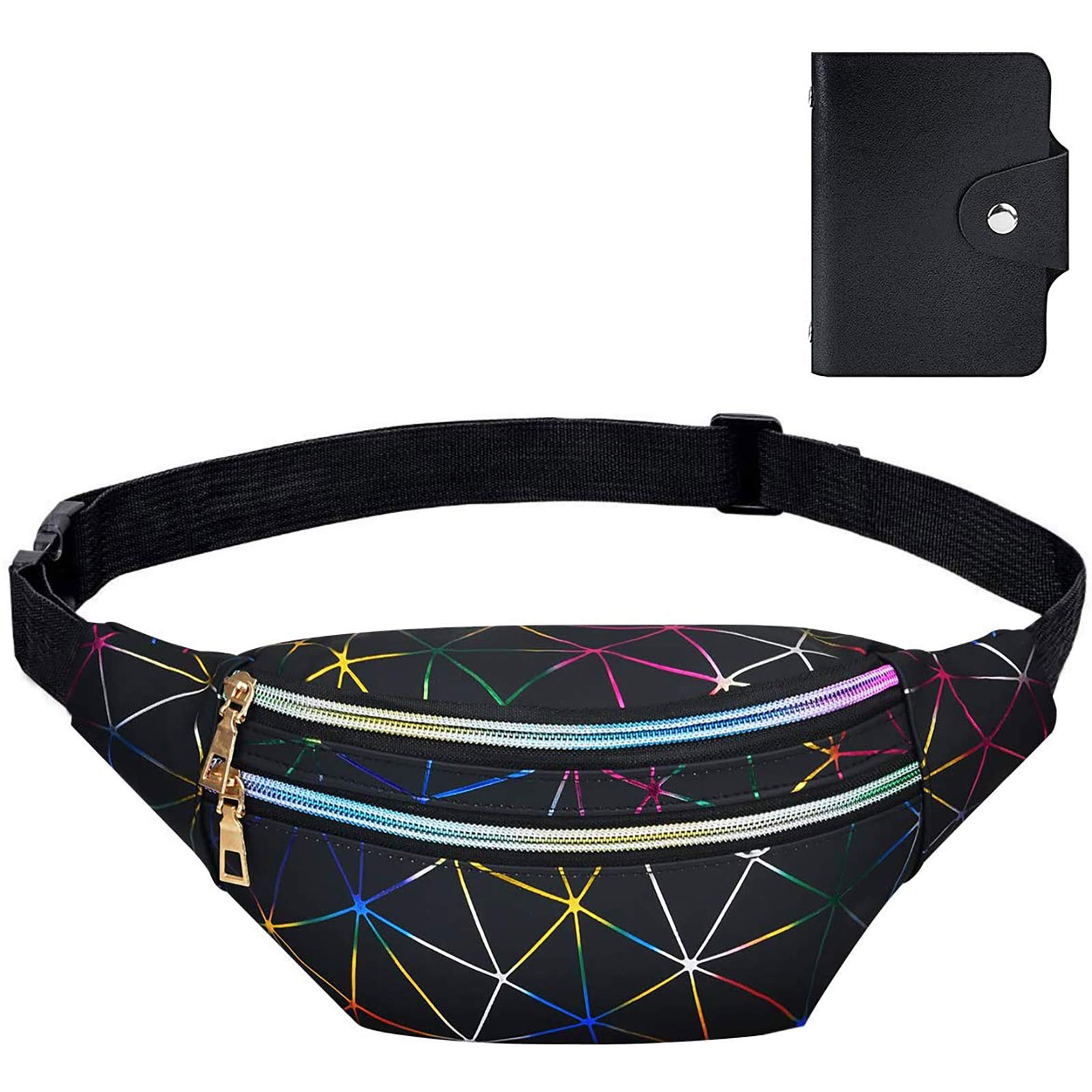 flintronic Waist Bag, Holographic Fanny Pack with PU Leather, Shiny Belt Bag Festival Rave Bumbags for Ladies Travel Party Sports Running Hiking(Black)(1 Business Card Holder Include)