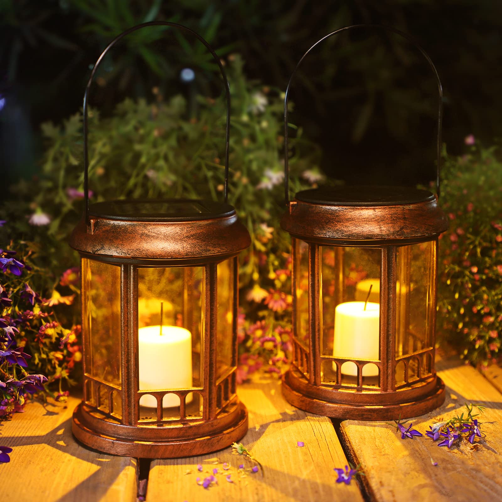 2 Pack Solar Lantern, 3 in 1 Outdoor Lanterns with Stake, Warm White LED Solar Lights Outdoor Decorative Waterproof for Christmas Garden Patio Yard Lawn (Bronze)
