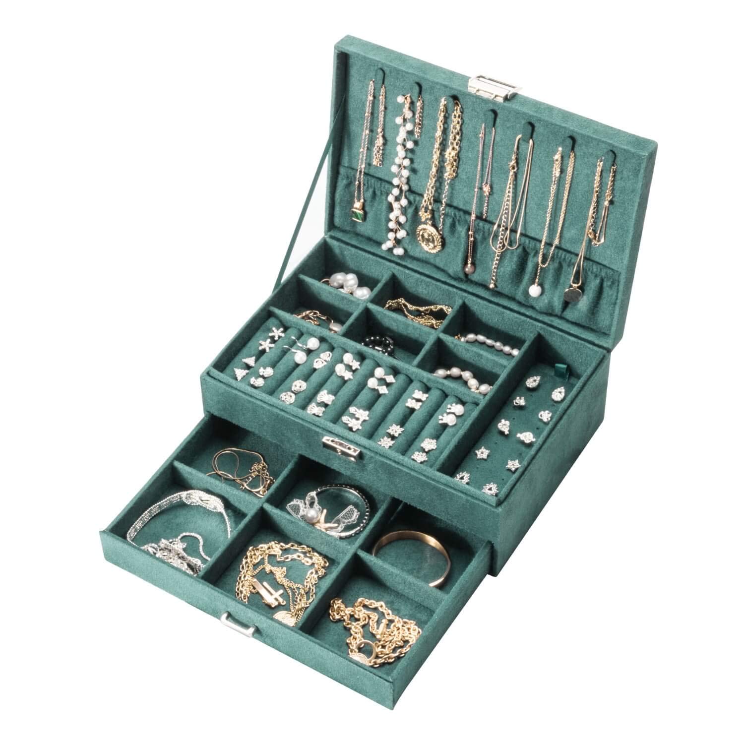 Amasava Jewellery Box,Large Jewellery Organiser with Drawer, Jewellery Storage Case for Necklaces Earrings Bracelets and Rings, Wedding Birthday Box for Women Girls (Green)