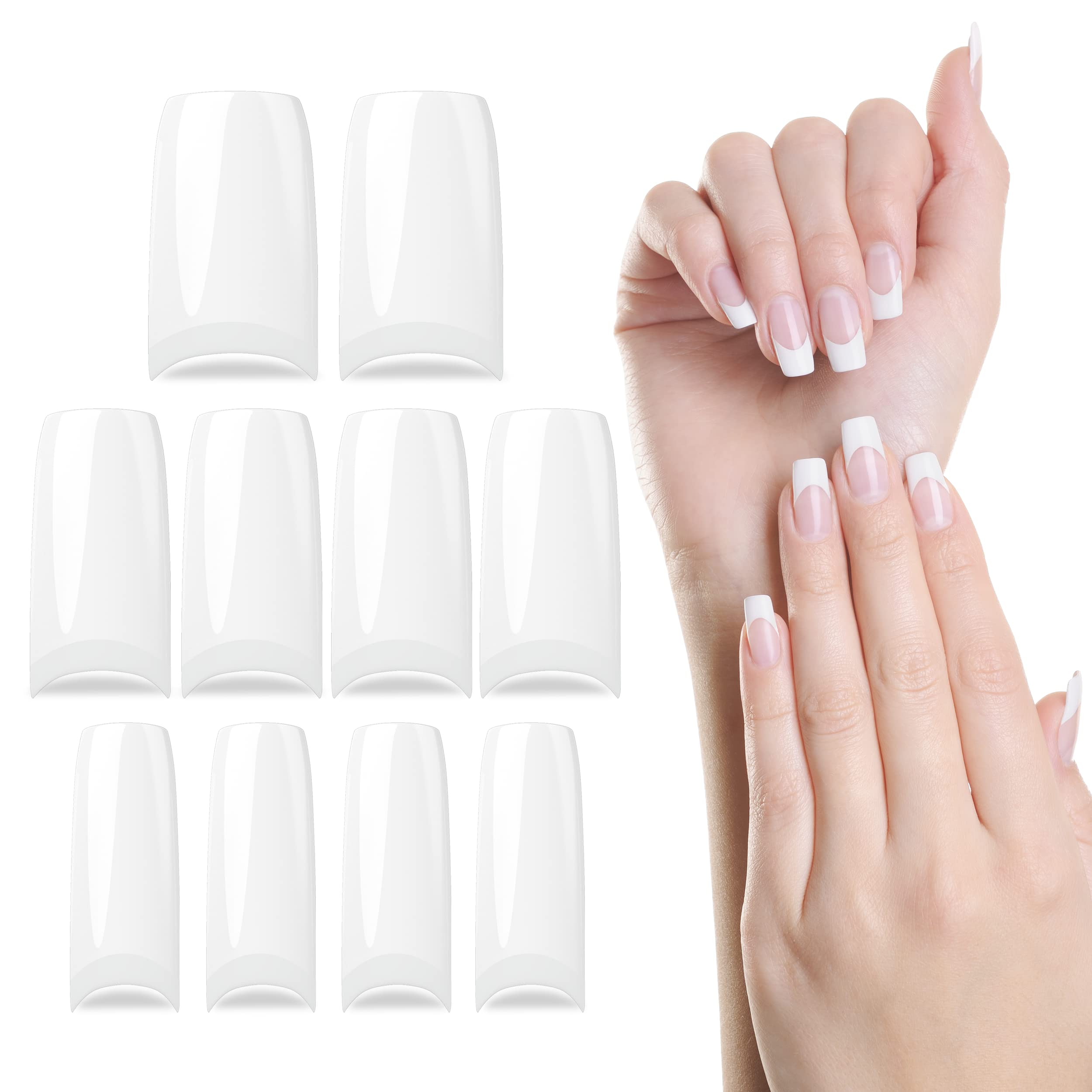 Fake Nails Tips 10 Sizes Pack of 500 – French Style Half Cover Acrylic Nails for Women & Girls - Smooth and Lightweight Oval False Nails Set for Home, Salon, DIY Nail Art - Natural Colour