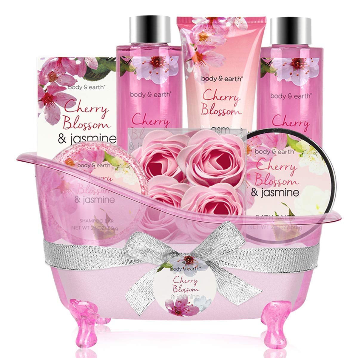 BODY & EARTH Gift Sets for Women, 8pcs Gift Basket with Cherry Blossom&Jasmine, Includes Bubble Bath, Shower Gel, Soap, Body Lotion, Bath Salts, Pamper Relaxation Gifts, Birthday Gifts for Her