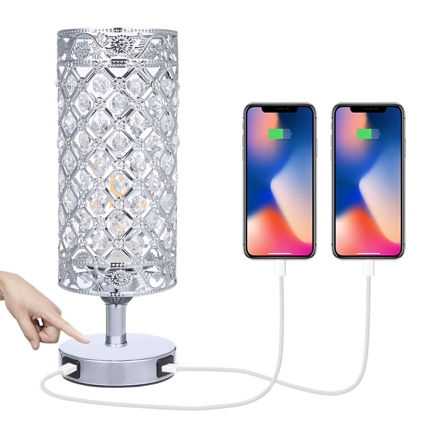 Tomshine Touch Control Crystal Bedside Lamp with Dual USB Port 3-Way Dimmable Table Lamp with E27 Glitter Lampshade for Bedrooms Living Room(LED Bulb Included) (Silver),LT132UK