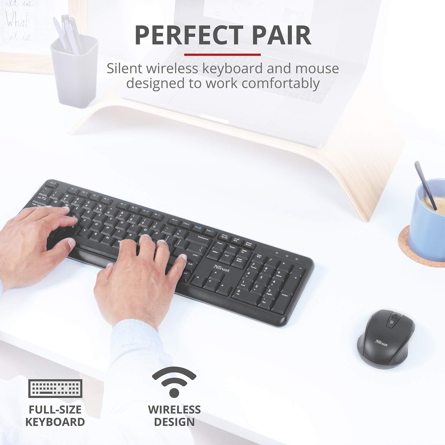 Trust Ymo Wireless Keyboard and Mouse Set, QWERTY UK Layout, Silent Keys, Full-Size Keyboard, Spill-Resistant, One USB Receiver, DPI Speed Button, Quiet Combo - Black [Amazon Exclusive]