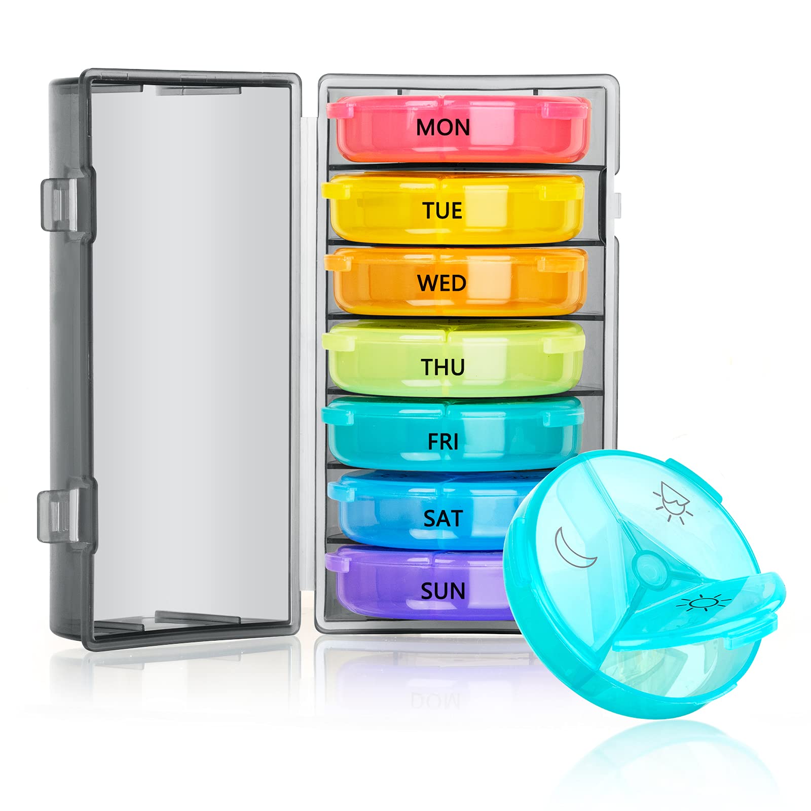 Pill Box 7 Day 3 Times a Day, Weekly Pill Box Case with Rainbow Compartment,Travel Pill Box Portable for Medicines,Supplements,Vitamins