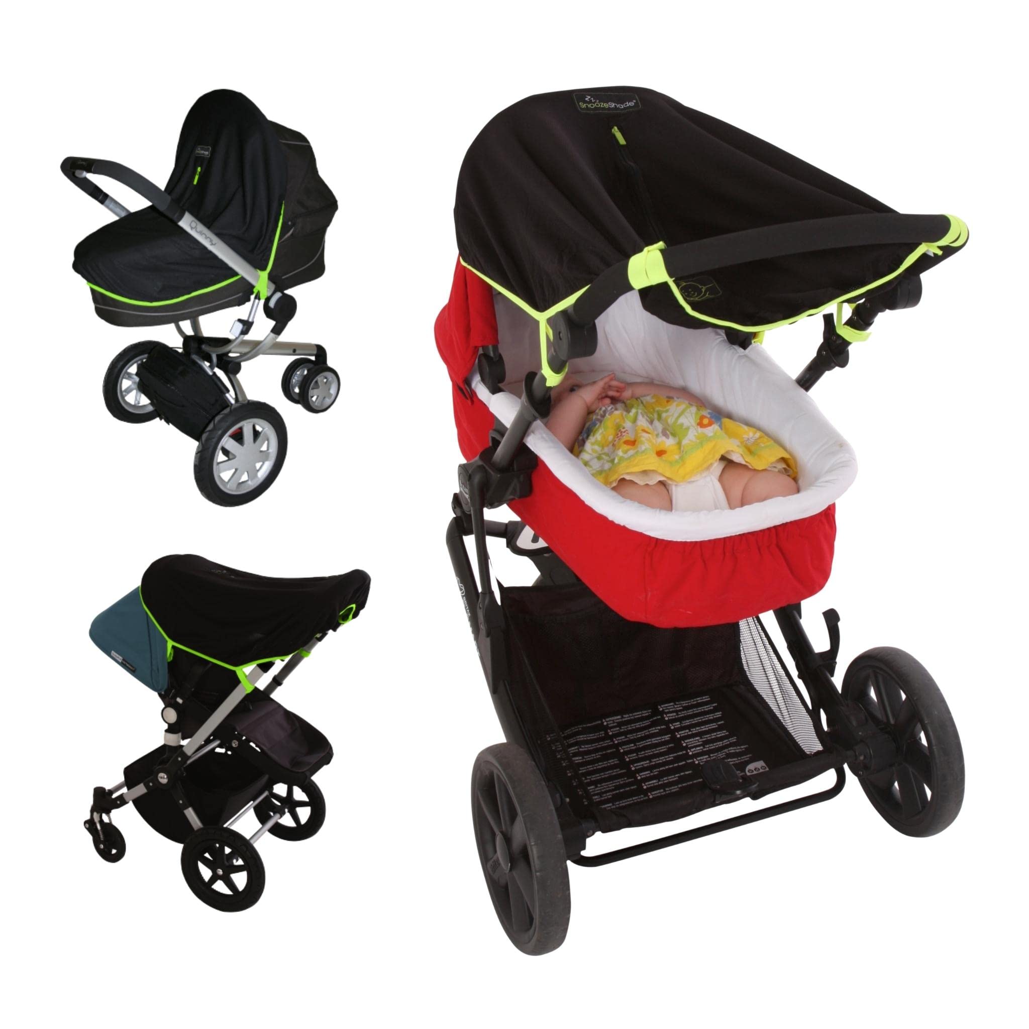 SnoozeShade Original (0-6m) | Universal fit pram and buggy sunshade | Blocks 99% UV | Blackout blind for pushchairs/carrycots | Best-selling safety green trim