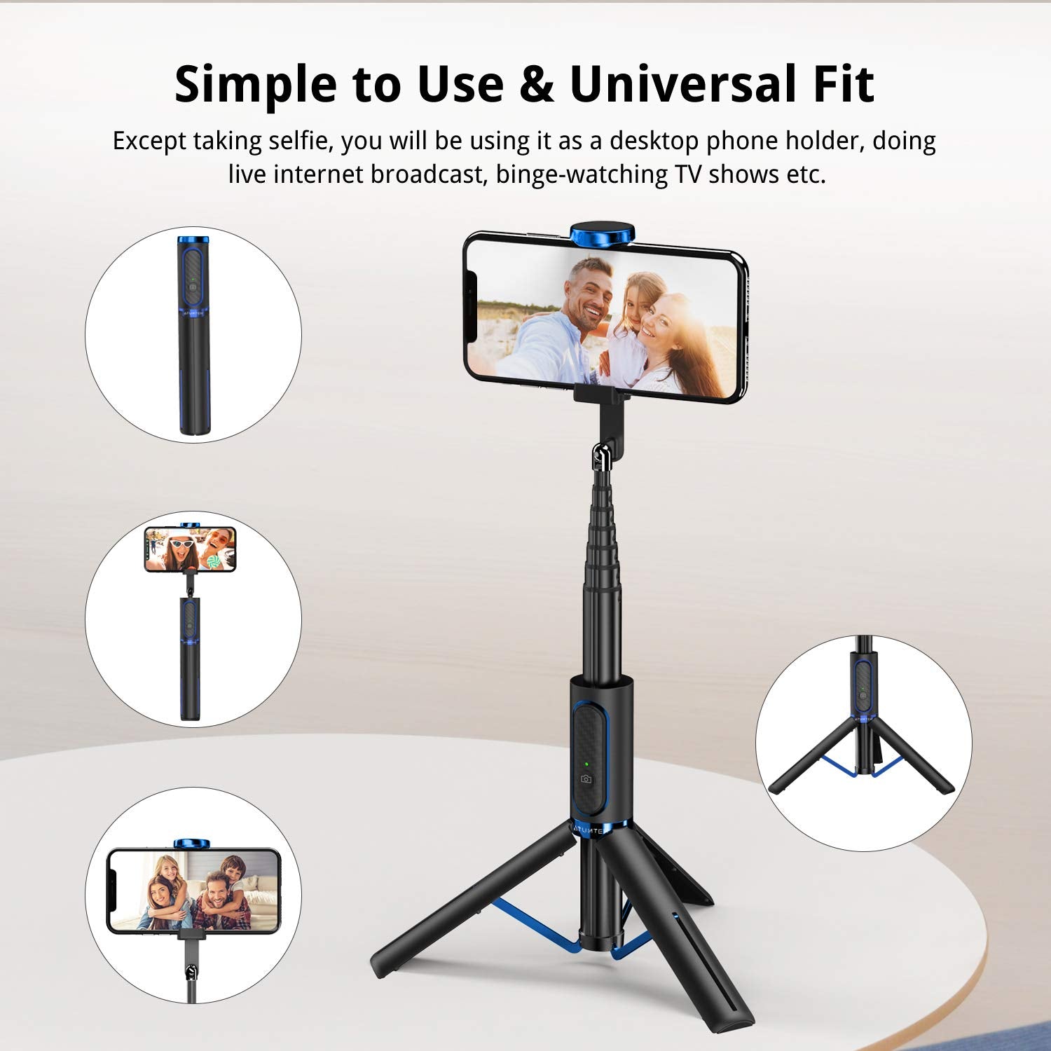 ATUMTEK Selfie Stick Tripod, Extendable 3 in 1 Aluminum Bluetooth Selfie Stick with Wireless Remote for iPhone 13/13 Pro/12/11 Pro/XS Max/XS/XR/X/8/7, Samsung Huawei LG Google Sony Smartphones, Blue