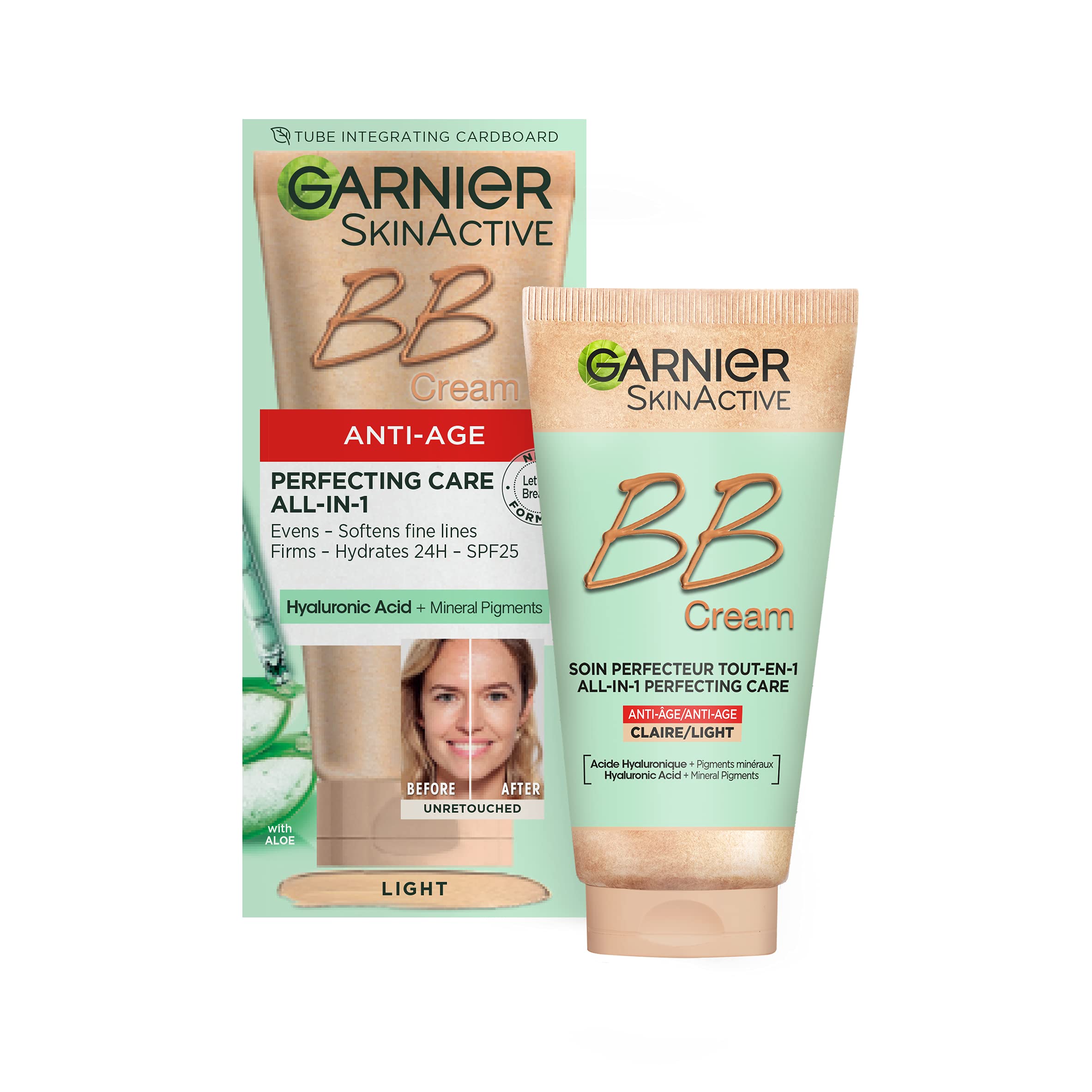 NEW & IMPROVED Garnier SkinActive Anti-Age BB Cream, Shade Light, Tinted Moisturiser SPF 25, Softens Fine Lines & Firms Skin, With Hyaluronic Acid, Aloe & Mineral Pigments, 50 ml